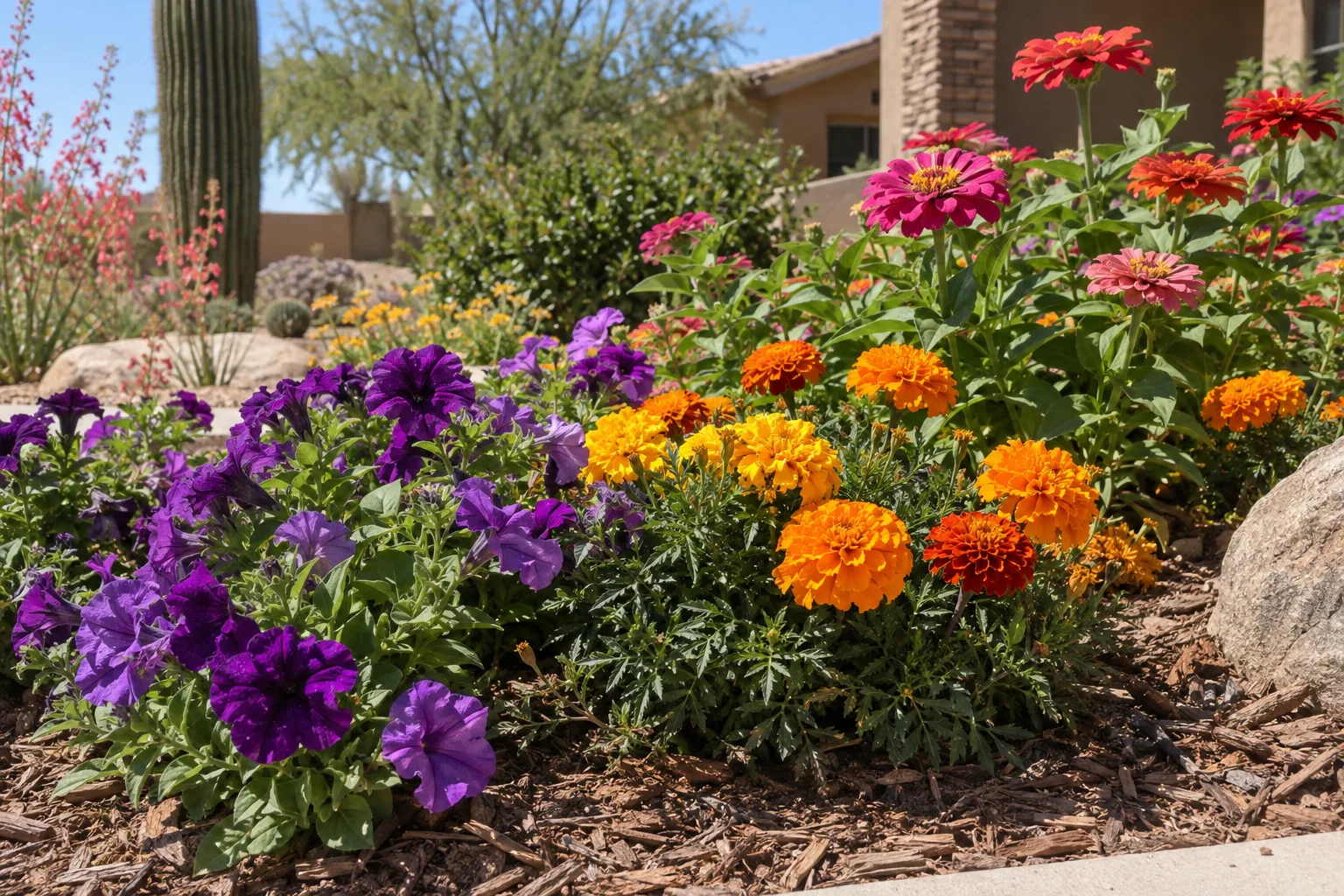 Mixed spring annuals blooming in a sunny low desert garden bed
