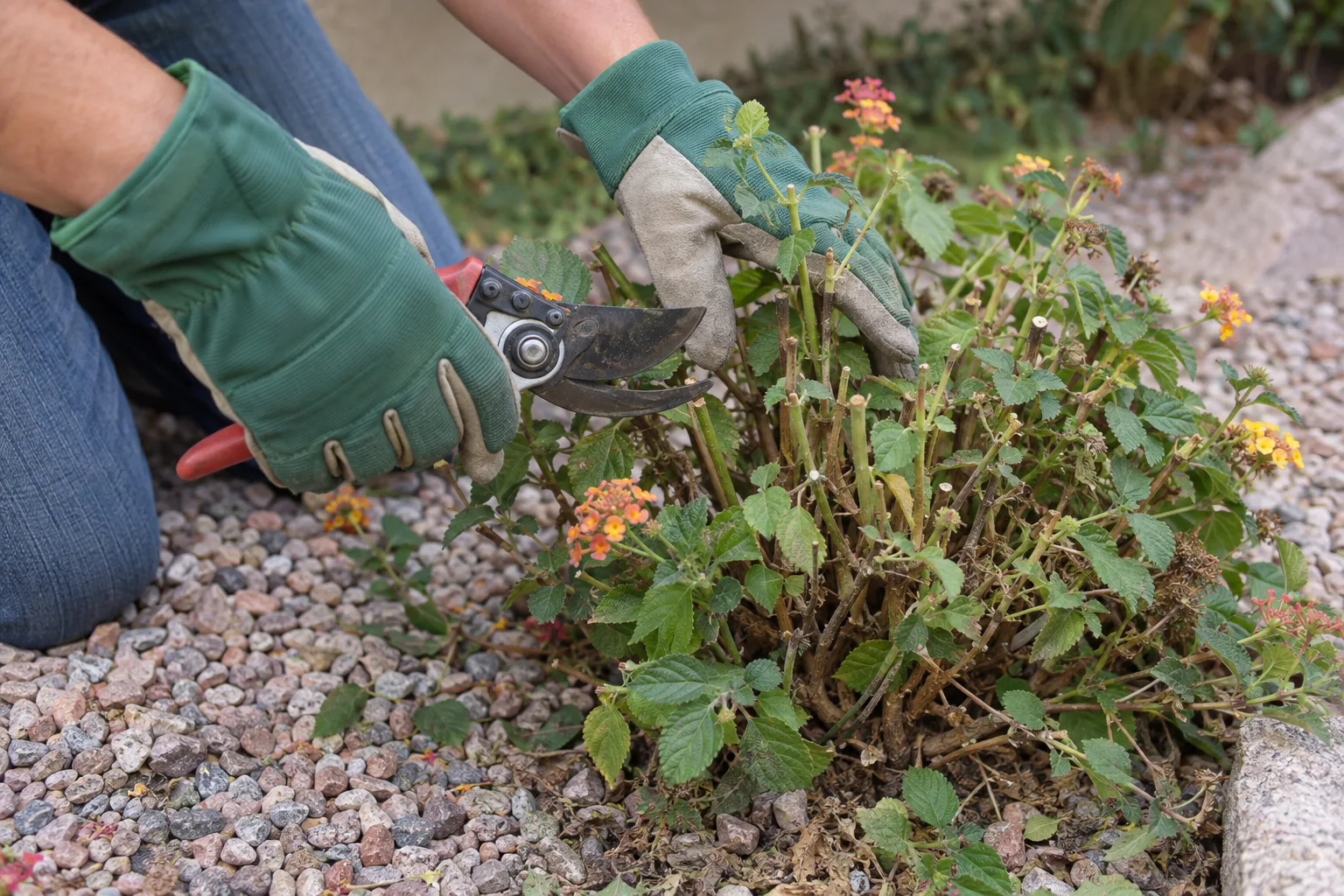 Gloved hands with pruning shears beside a freshly cut-back lantana in desert gravel