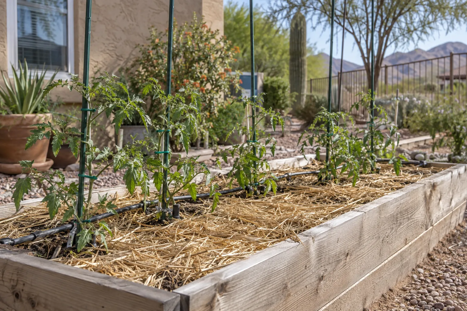Staked tomato transplants in a mulched raised bed with drip irrigation in spring sun
