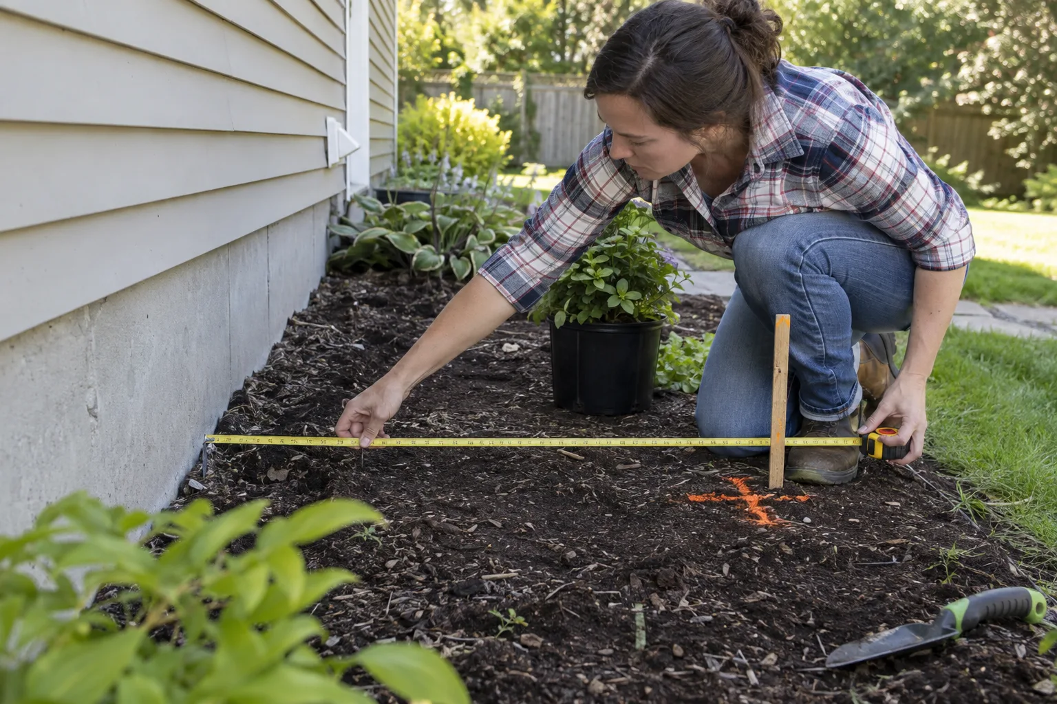 Homeowner measuring planting distance from a house wall with a tape measure and marking stakes