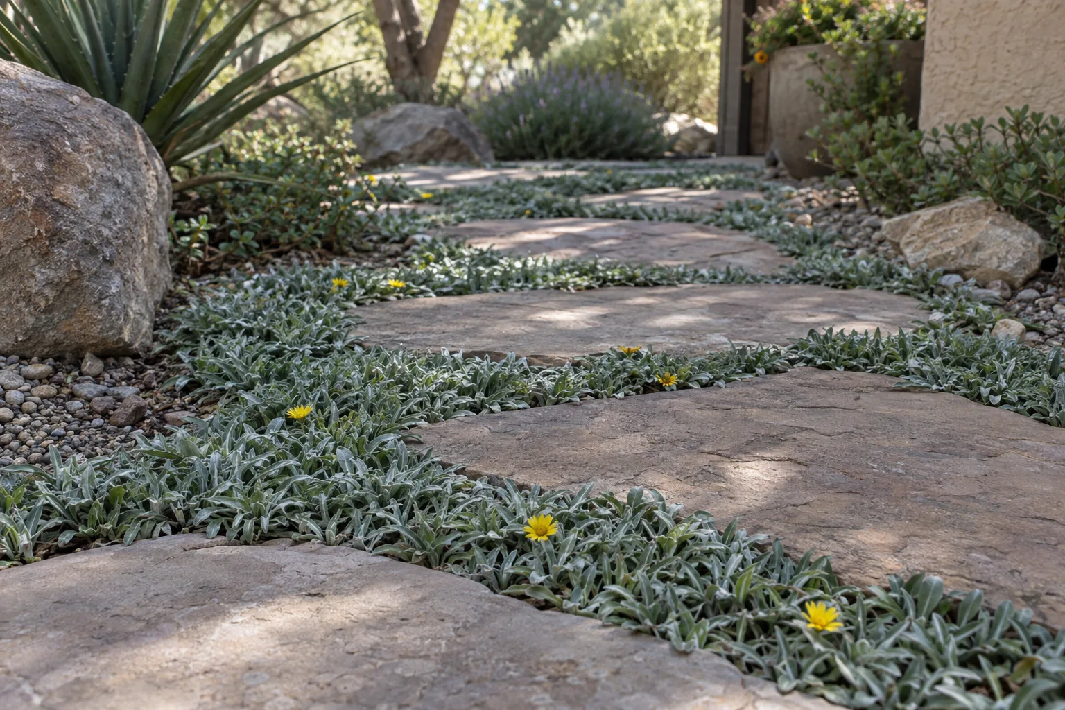 Mediterranean carpet groundcover of grey-green leaves between flagstones with small yellow flowers