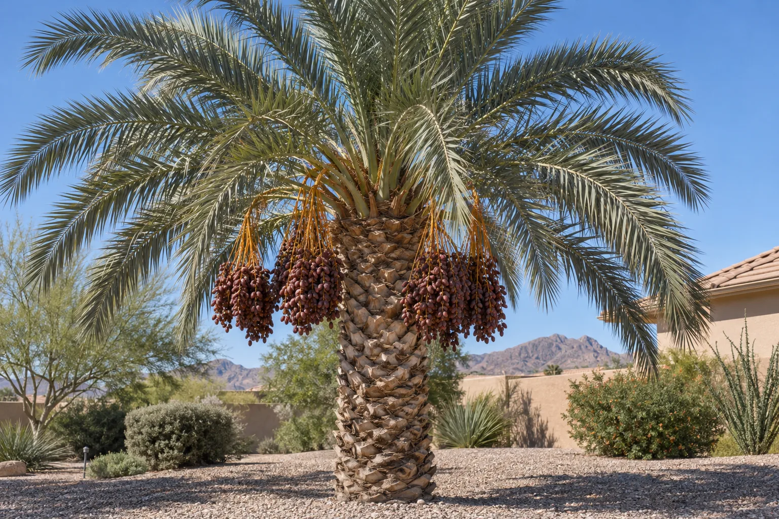 Medjool date palm with stout trunk, arching fronds and bunches of dark brown dates in a gravel yard