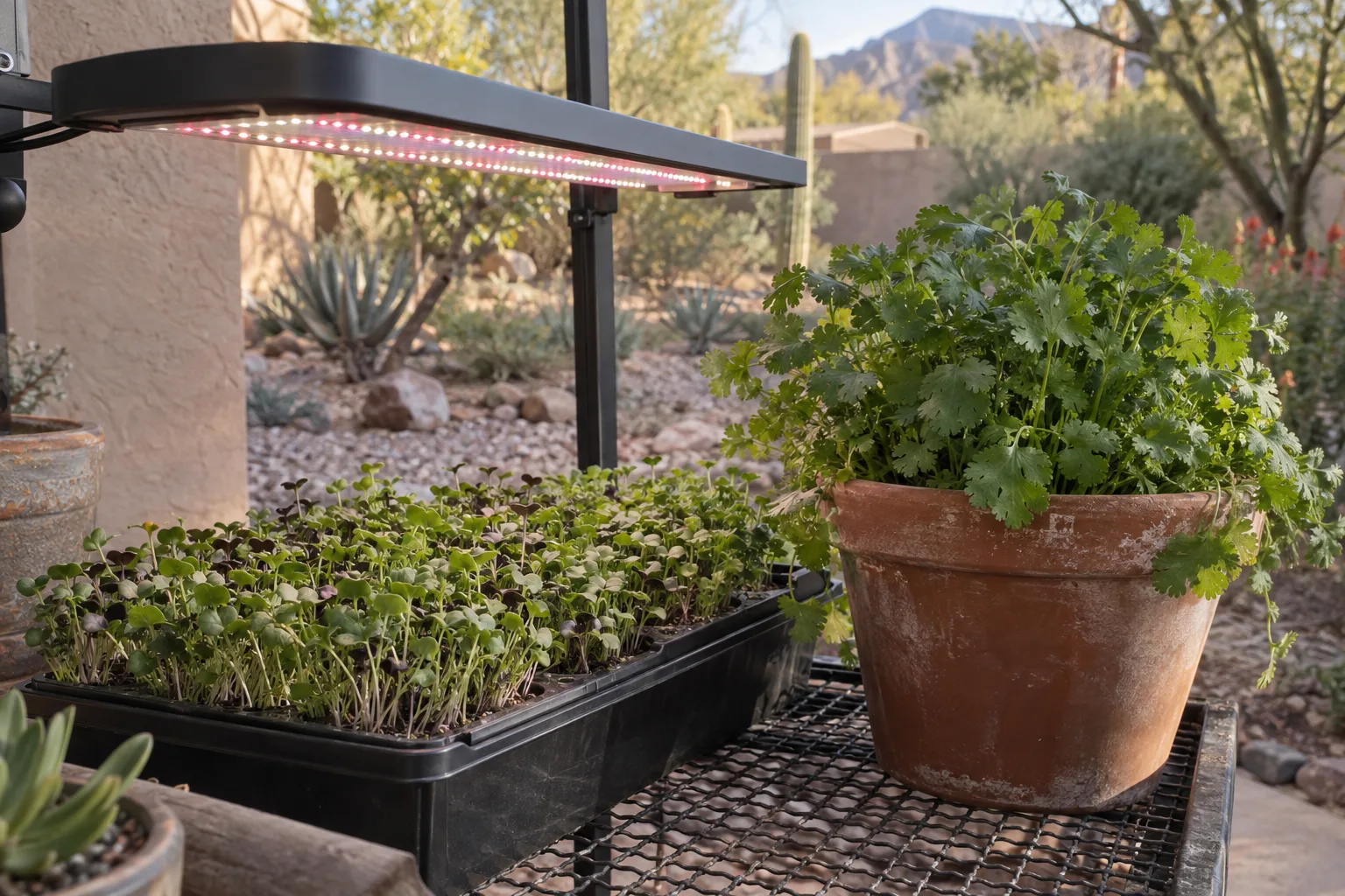 Tray of green microgreens beside a pot of cilantro under a grow light