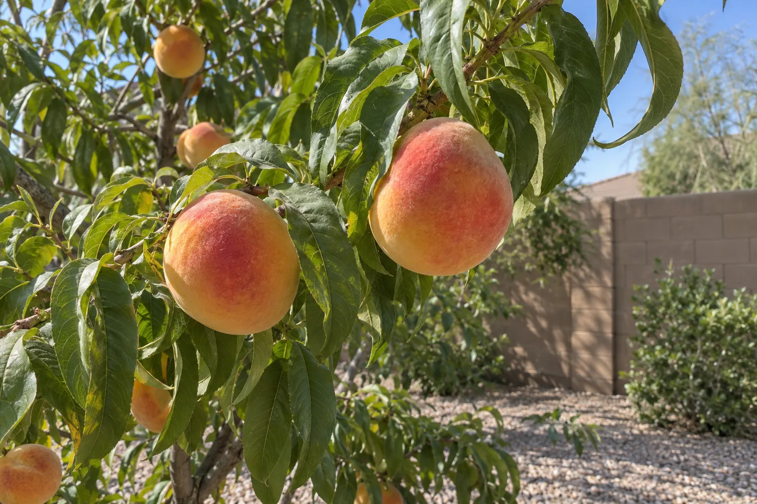 Mid Pride peach tree with large ripe yellow-orange peaches blushed red