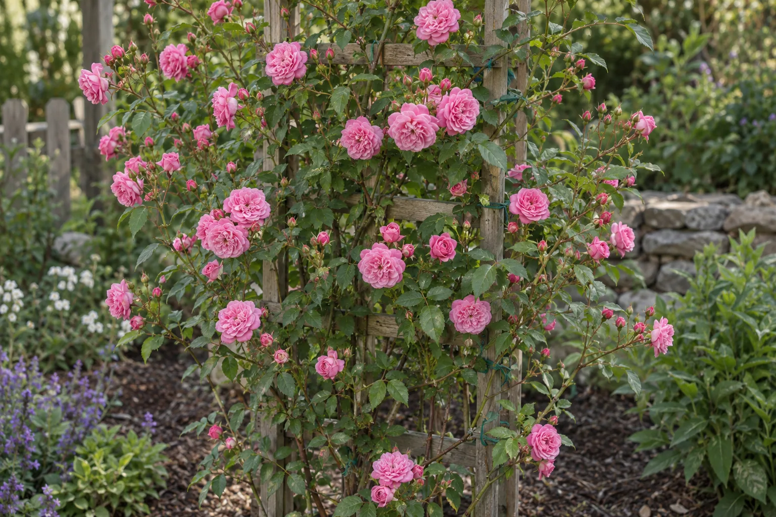 Miniature climbing rose with clusters of small pink double blooms on a small wooden trellis