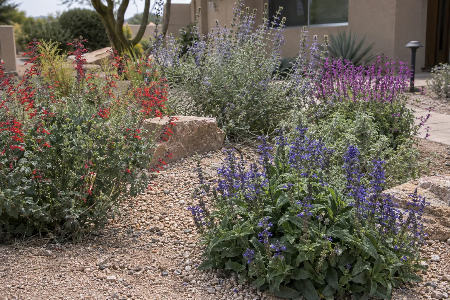 Several salvia varieties in a gravel bed with blue, purple and red flowers
