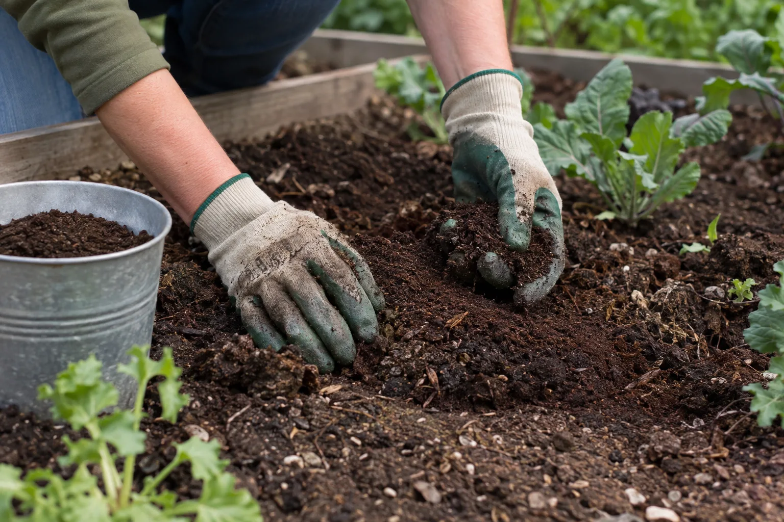 Gardener mixing a thin layer of coffee grounds into bed soil in Queen Creek