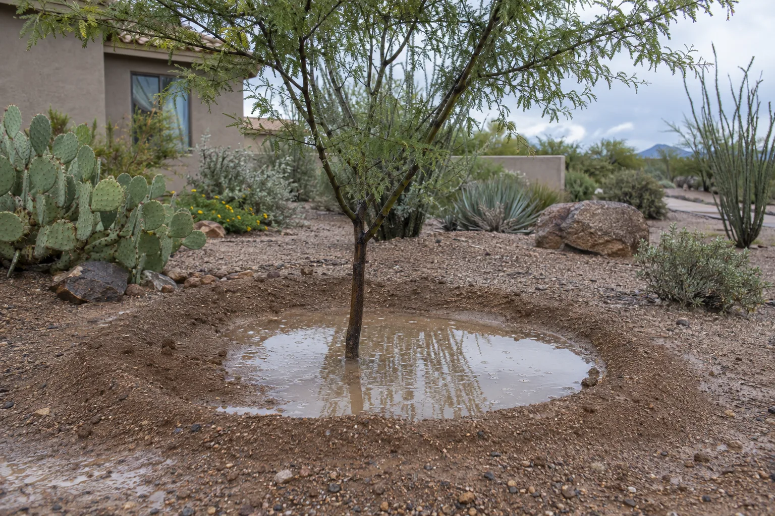 Rainwater pooled in a shallow basin around a young tree after a monsoon storm