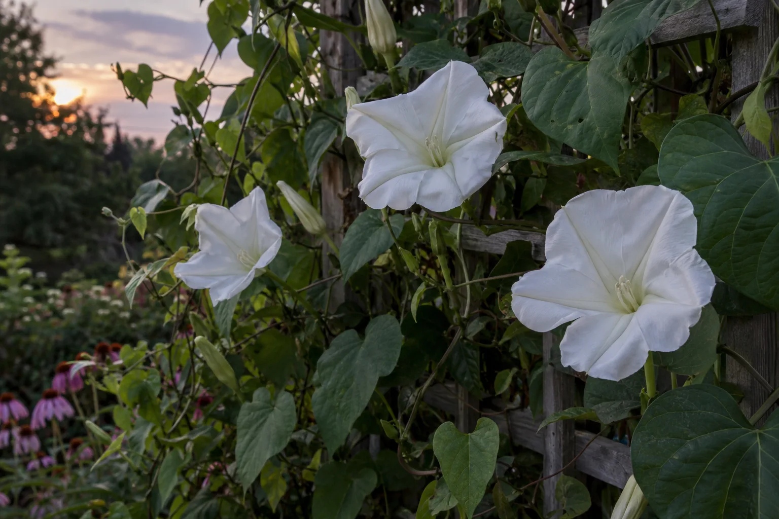 White moonflower blooms opening on a trellis against a block wall at twilight