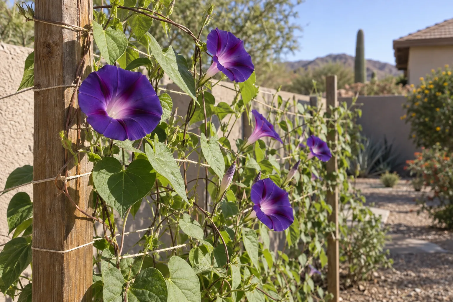 Morning glory vine with heart-shaped leaves and violet-purple funnel flowers on a string trellis