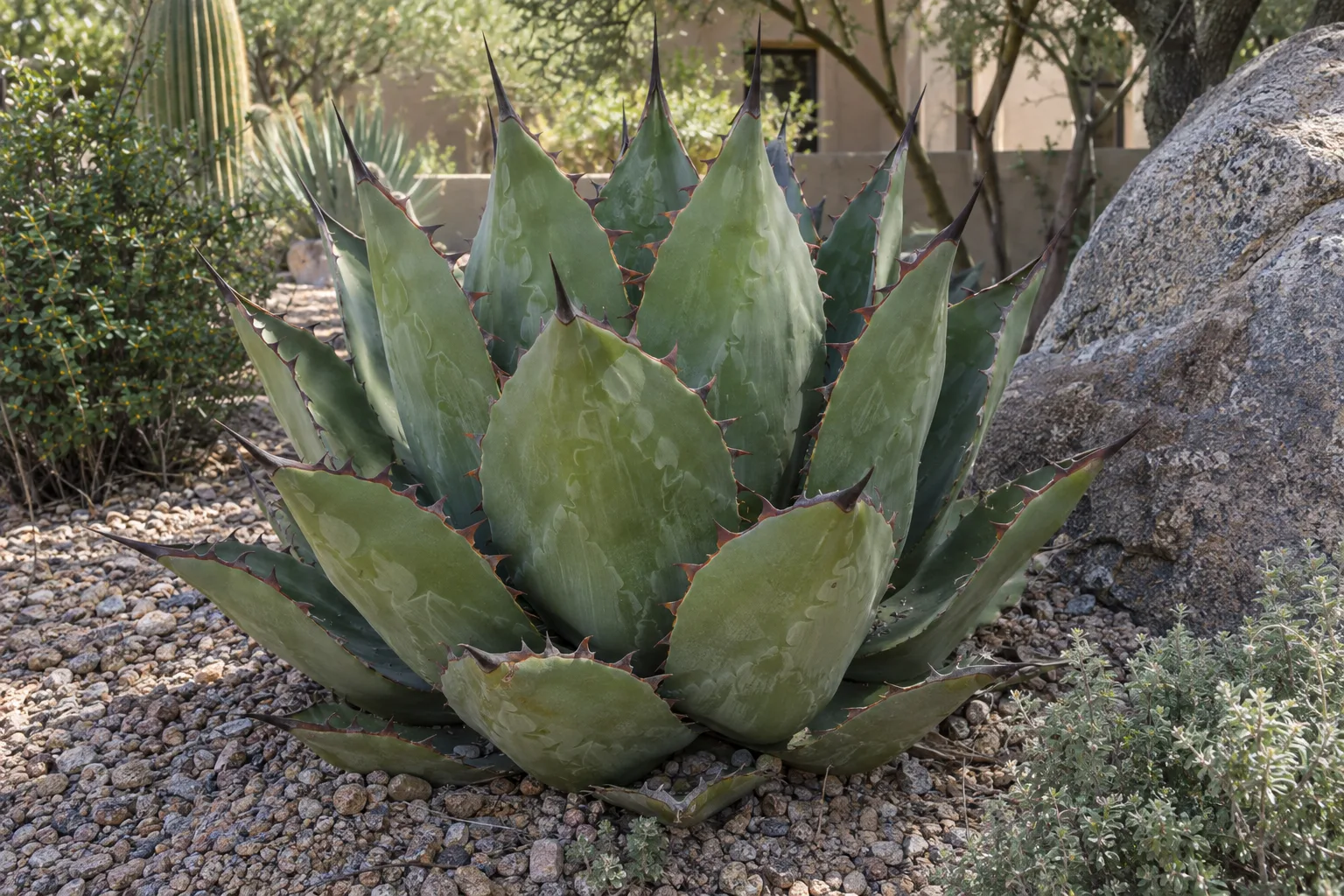 Mountain agave with a dense rosette of broad dark green toothed leaves planted in gravel beside a boulder