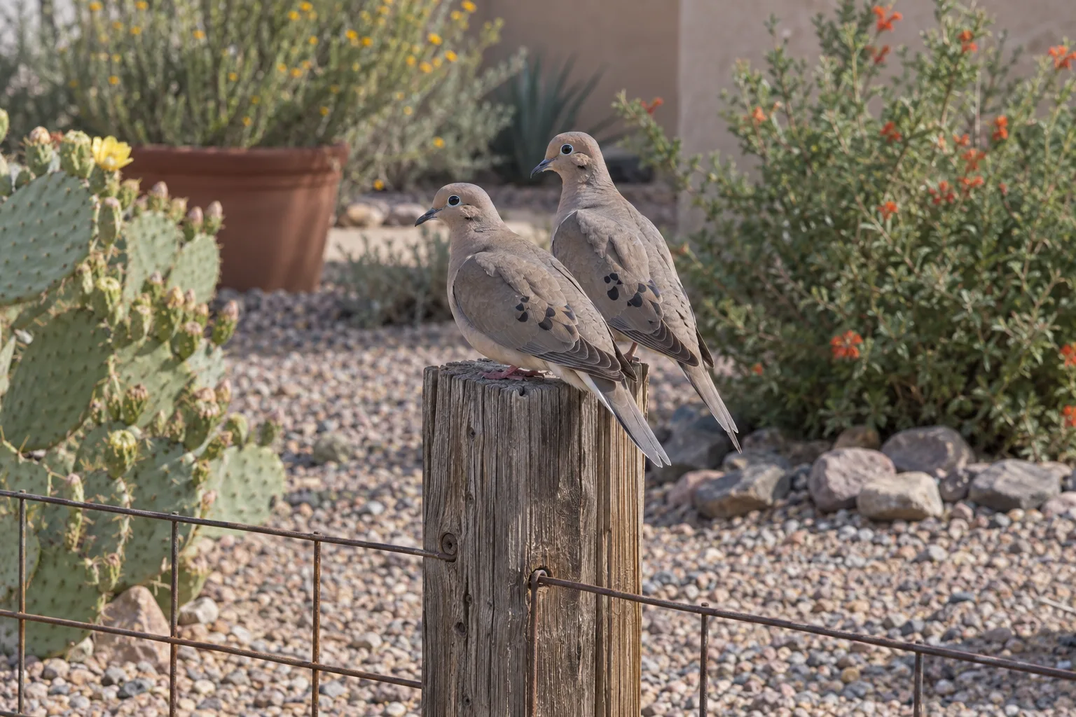 Two mourning doves perched on a wooden fence post overlooking a gravel yard