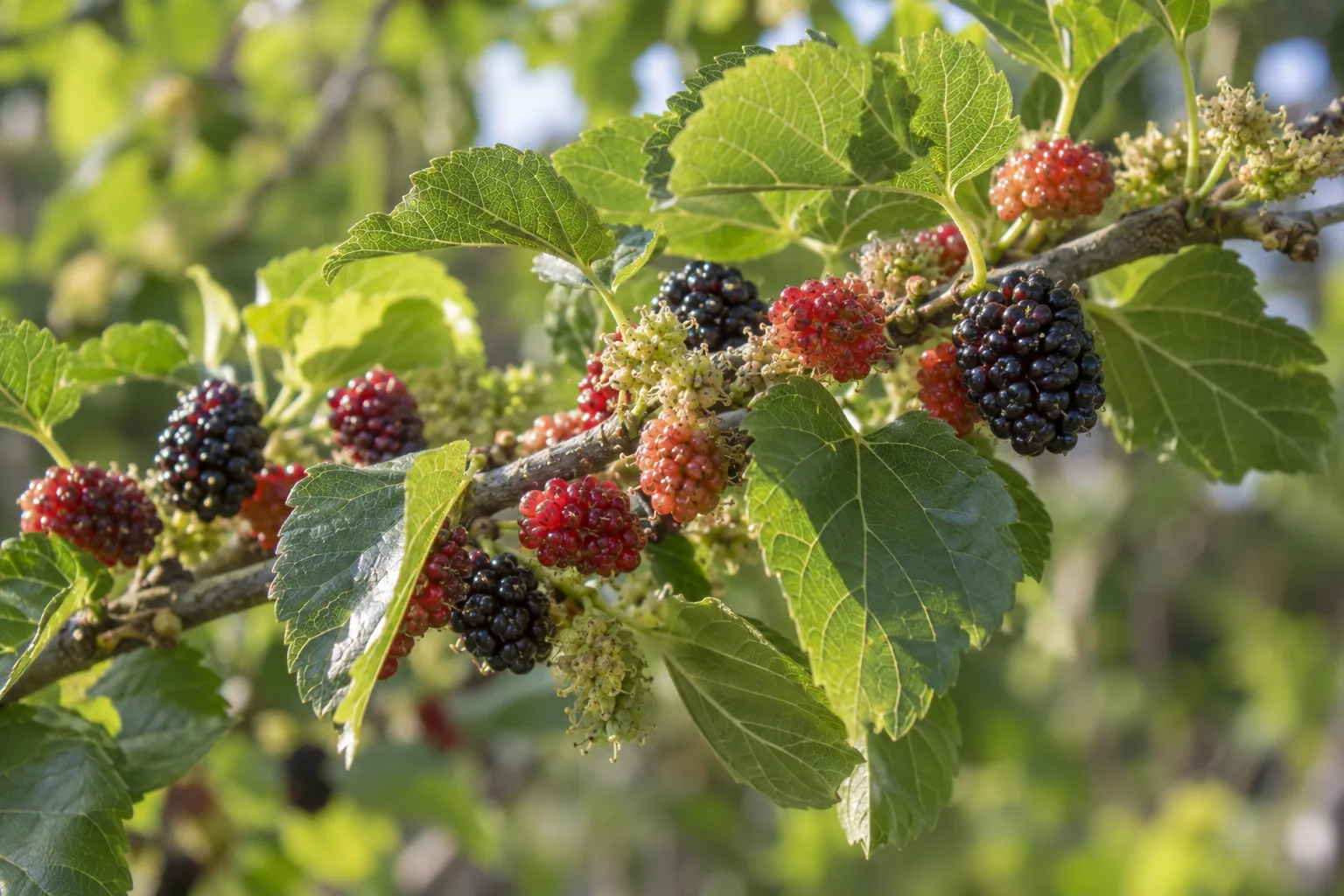 Ripening red and dark purple mulberries on a branch in spring sunlight