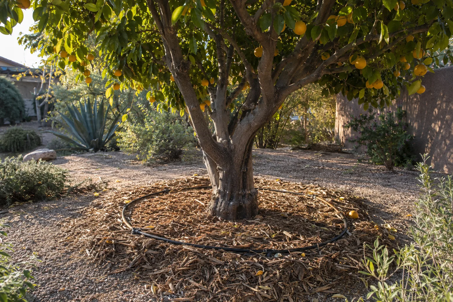 Drip line irrigation ring with wood chip mulch around a mature mulberry tree