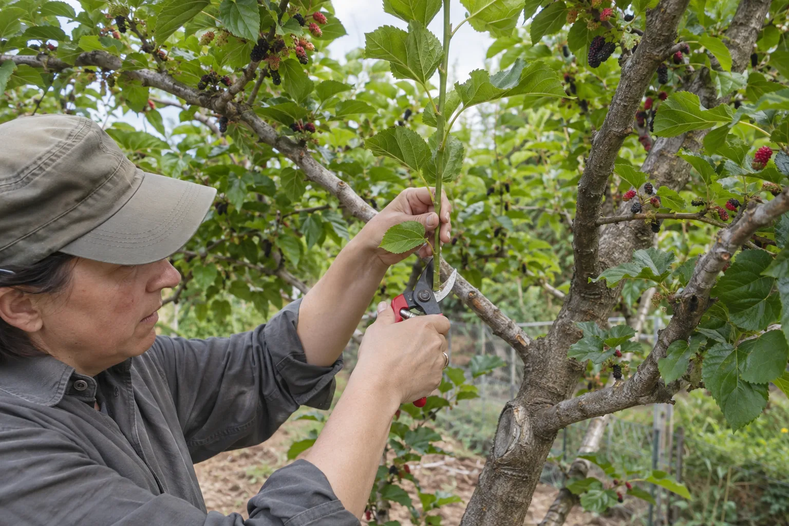 Gardener using hand pruners to remove a water sprout from a mulberry tree in Queen Creek