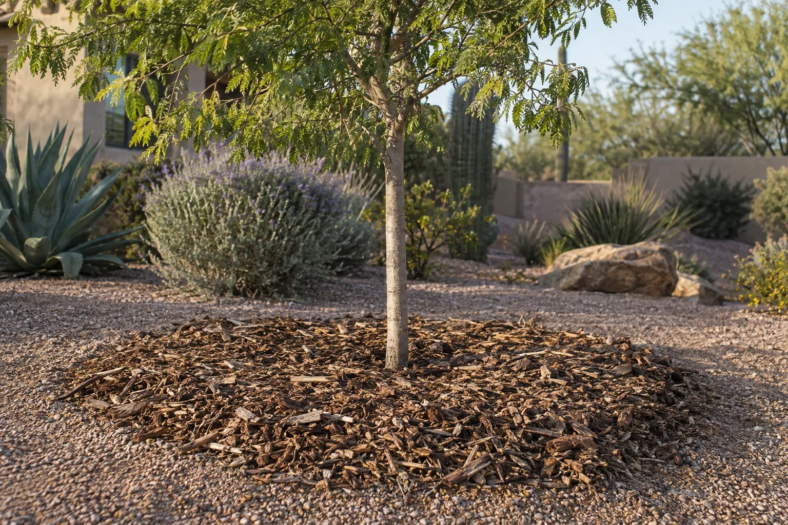 Fresh wood chip mulch around a young tree in a low desert yard