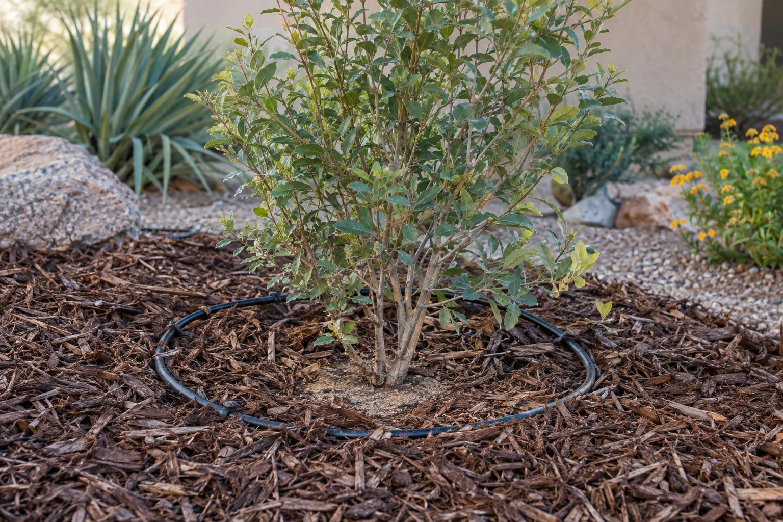 Organic mulch ring around a young desert shrub at Desert Horizon Nursery in Queen Creek