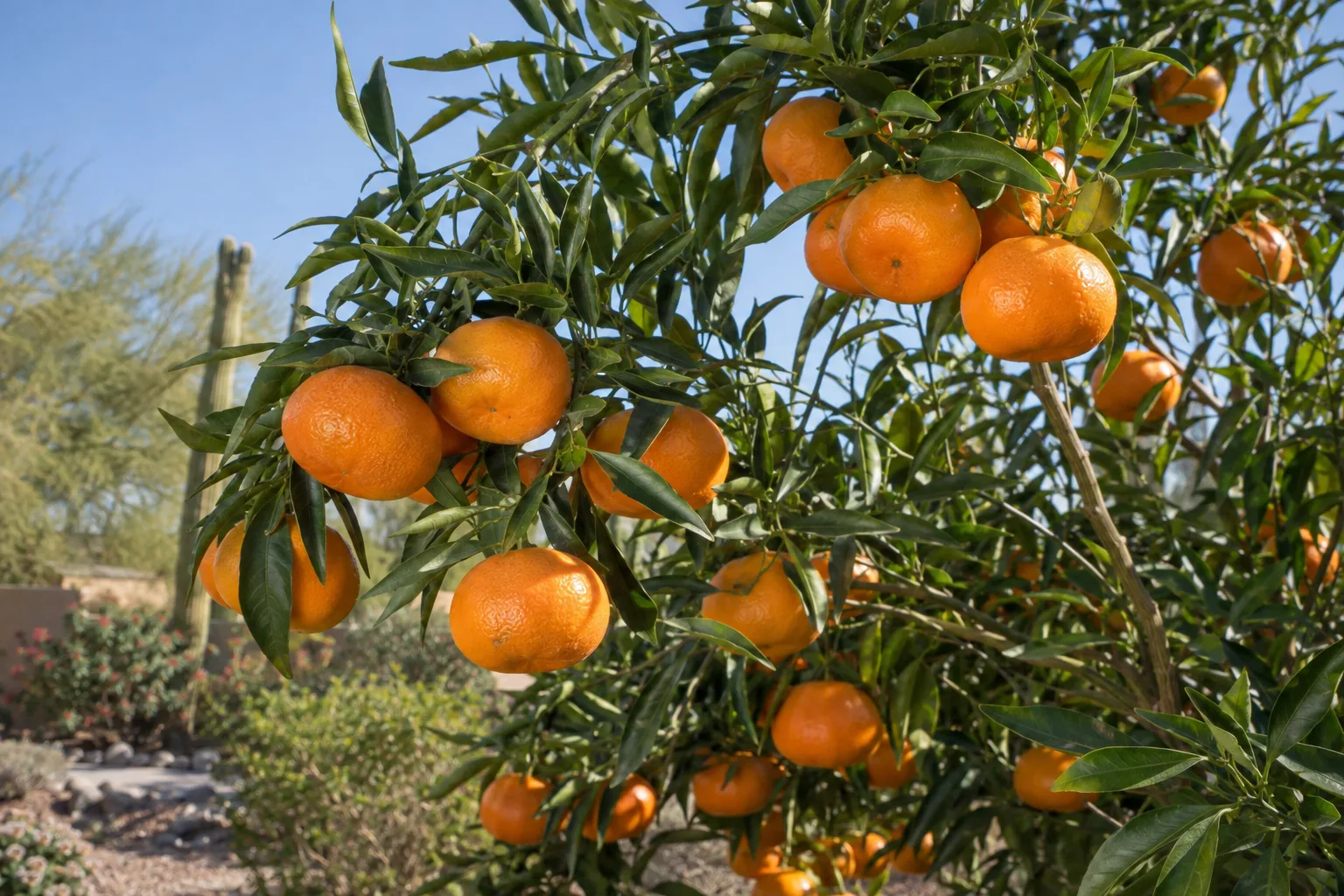 Murcott tangerine tree with clusters of flattened yellowish-orange fruit at the tips of willowy branches