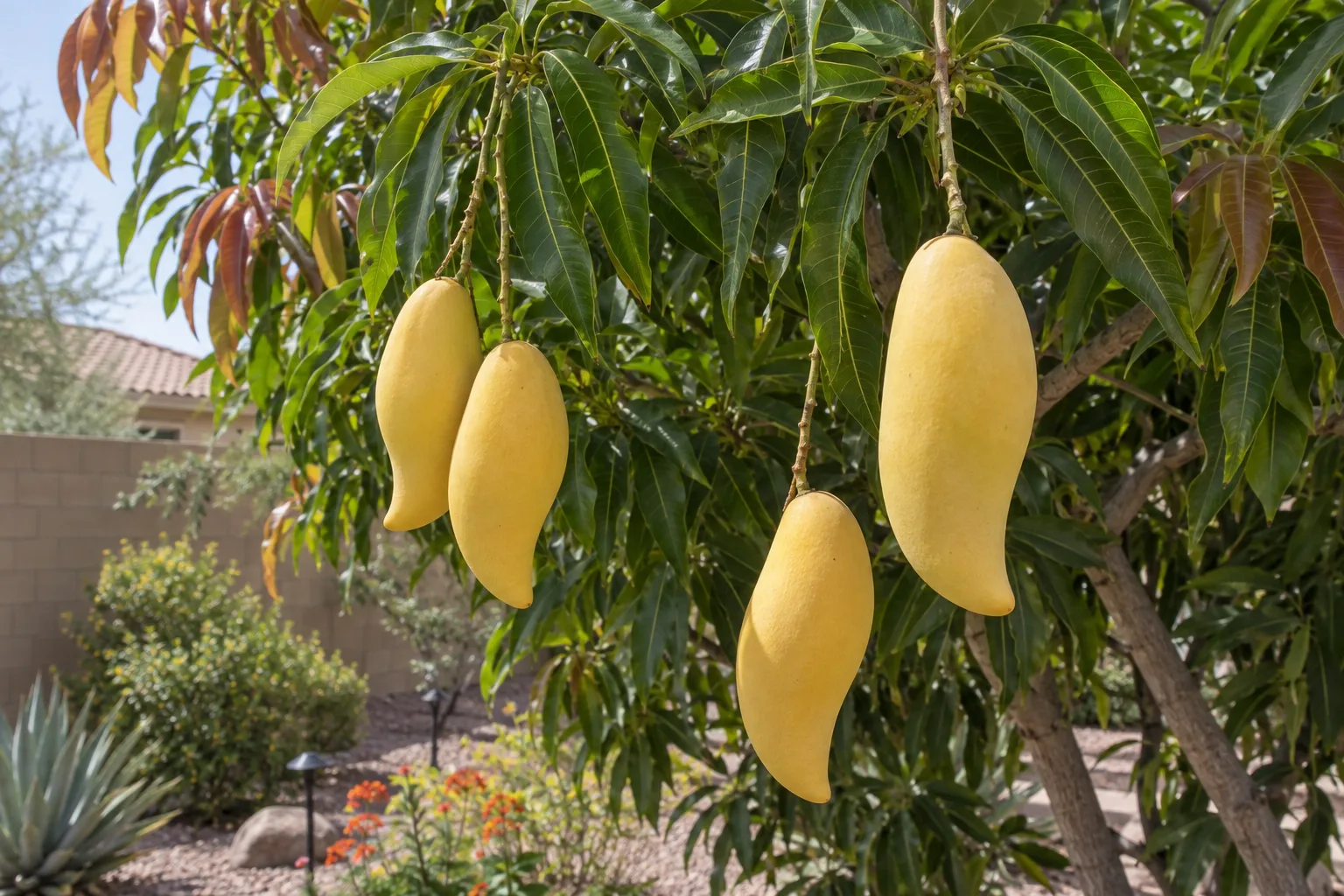 Nam Doc Mai mango branches with elongated pointed golden-yellow fruit hanging among dark green leaves