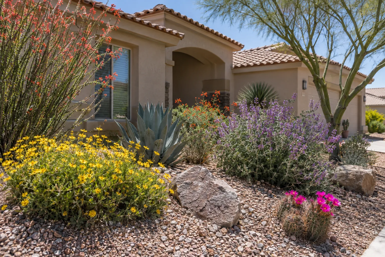 Native desert plants blooming in a gravel front yard bed beside a stucco home