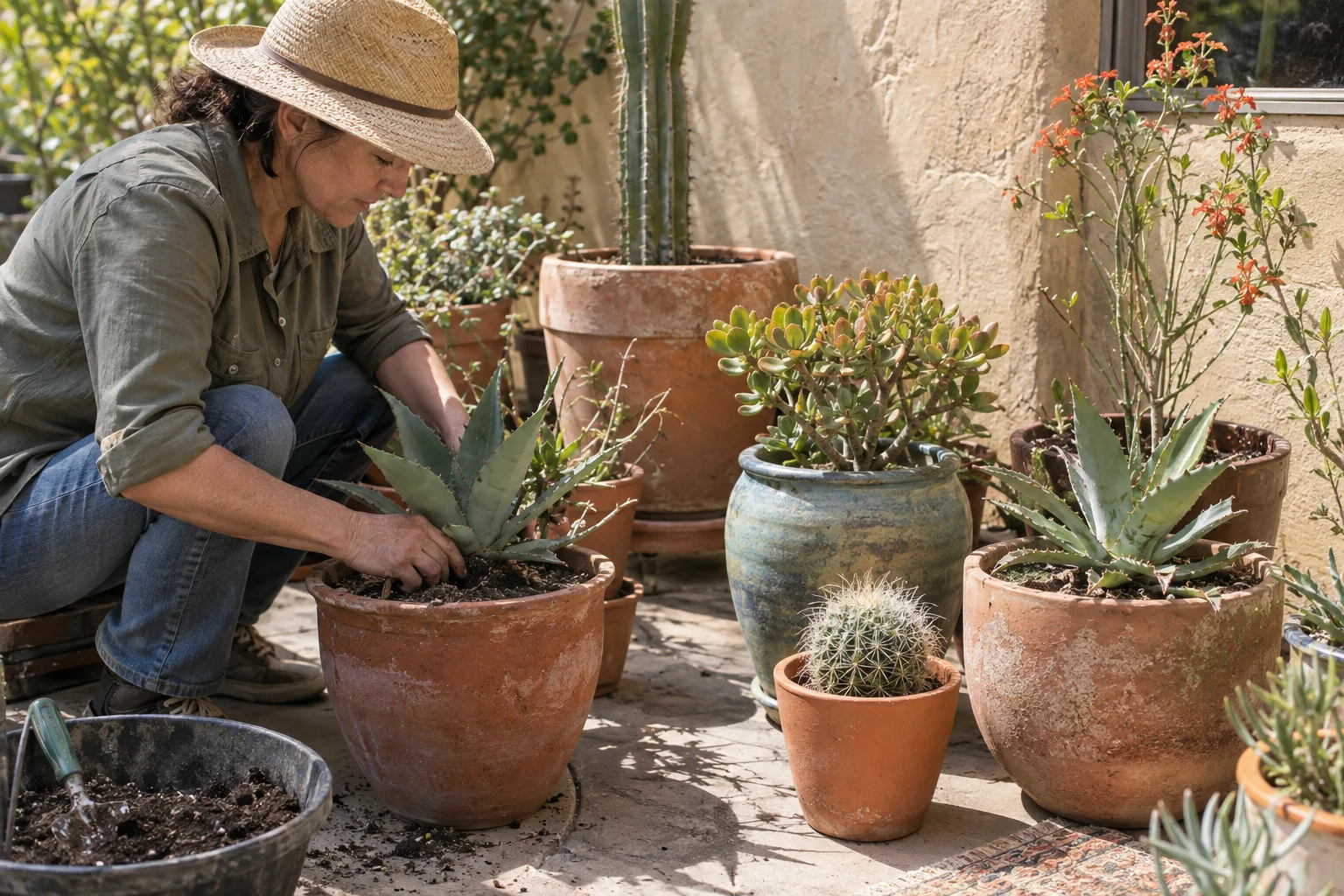 Potted desert natives grouped on a sunny stucco patio in the low desert