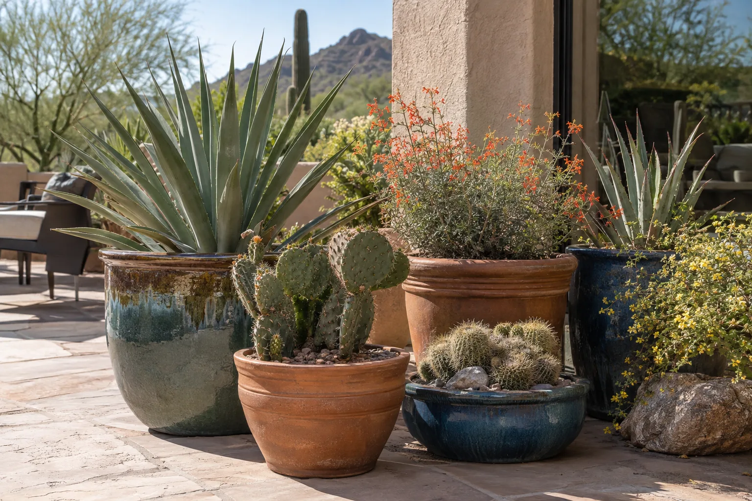 Potted native desert plants in glazed and terracotta containers grouped on a sunny Arizona patio