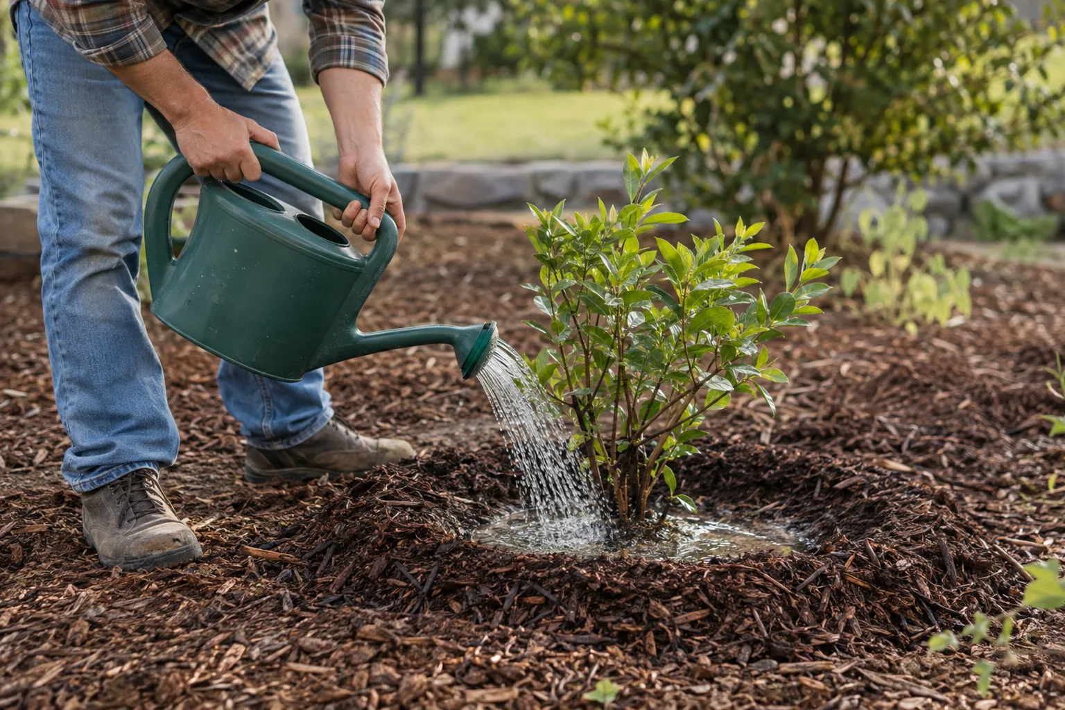 Newly planted shrub with a watering basin and mulch ring in a Queen Creek yard