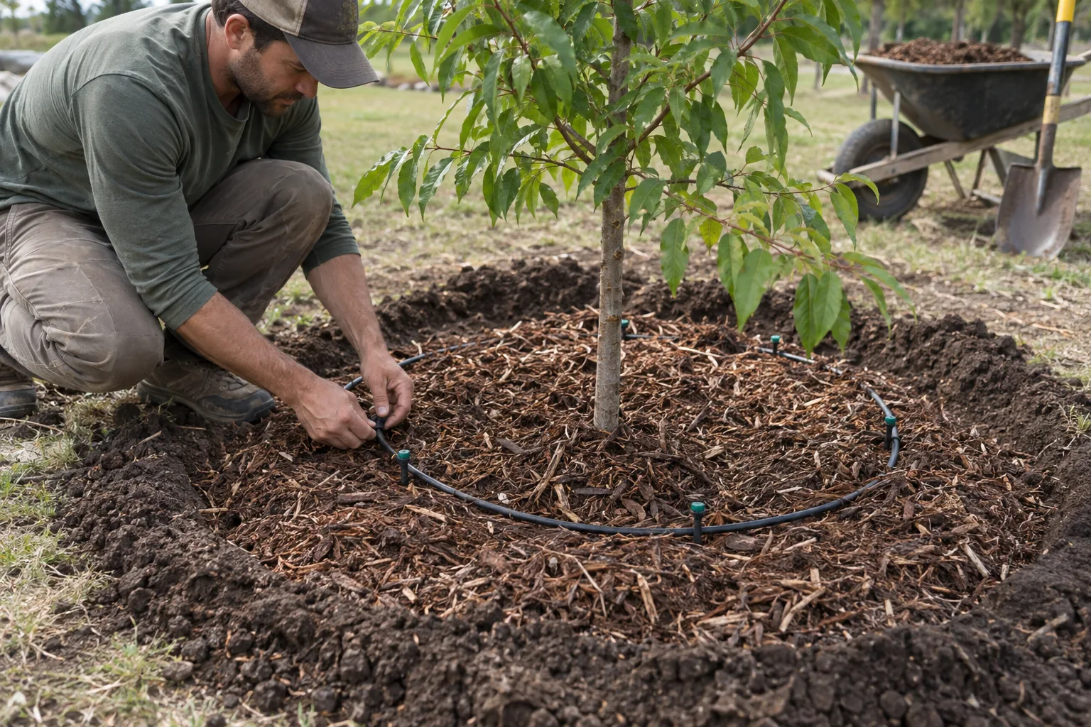 Young shade tree with mulch ring, earthen watering basin and drip line at canopy edge