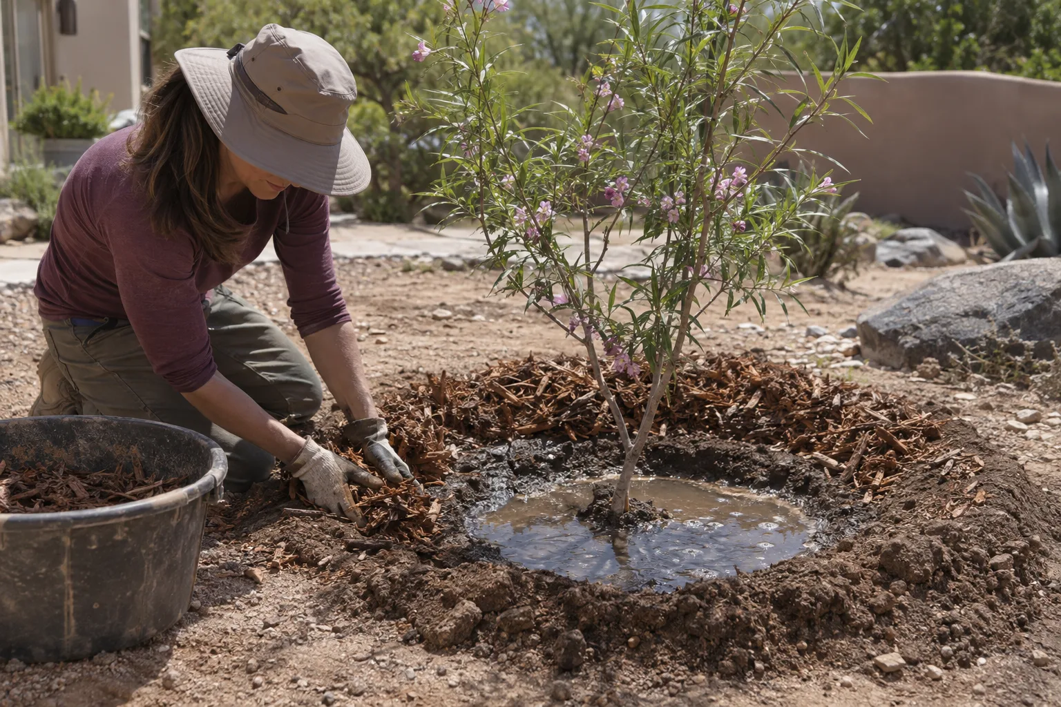 Young desert willow tree with a watering basin and mulch ring on gravel soil