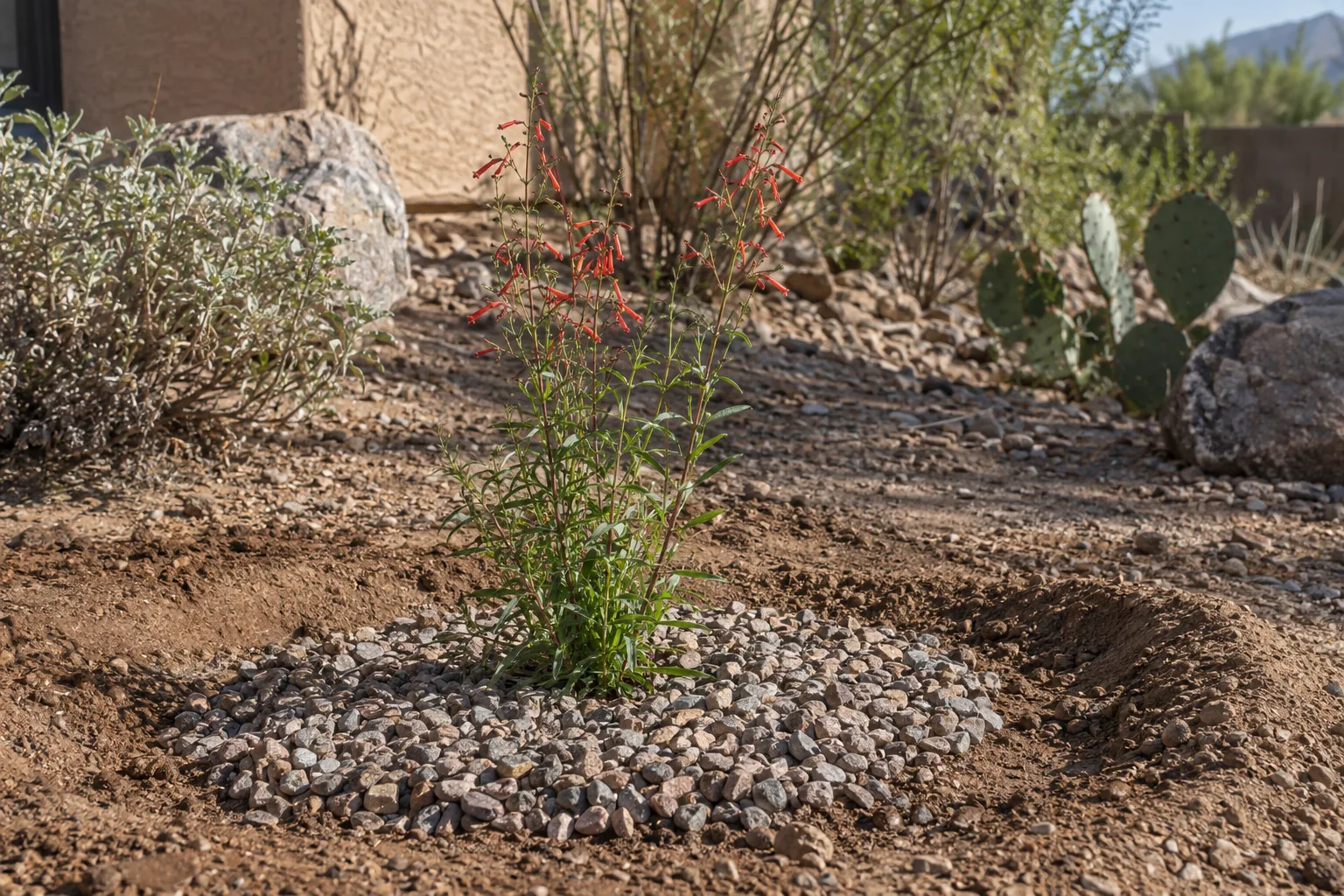 Young penstemon planted in a shallow watering basin with gravel mulch pulled back from the stems