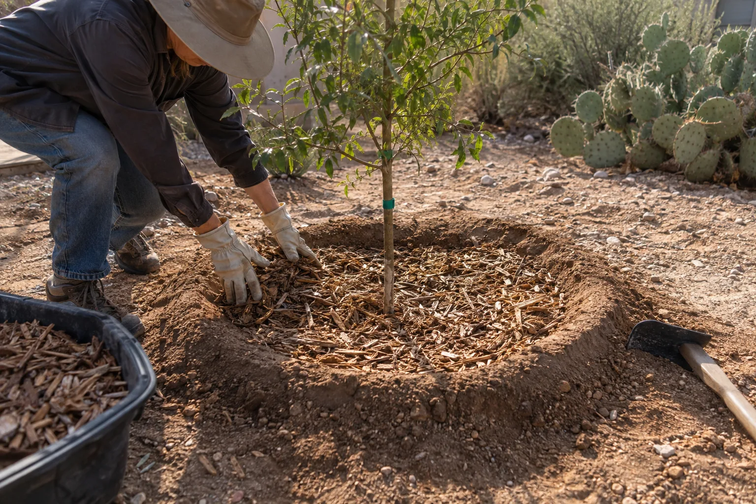 Young tree with a watering basin and mulch ring in Queen Creek soil