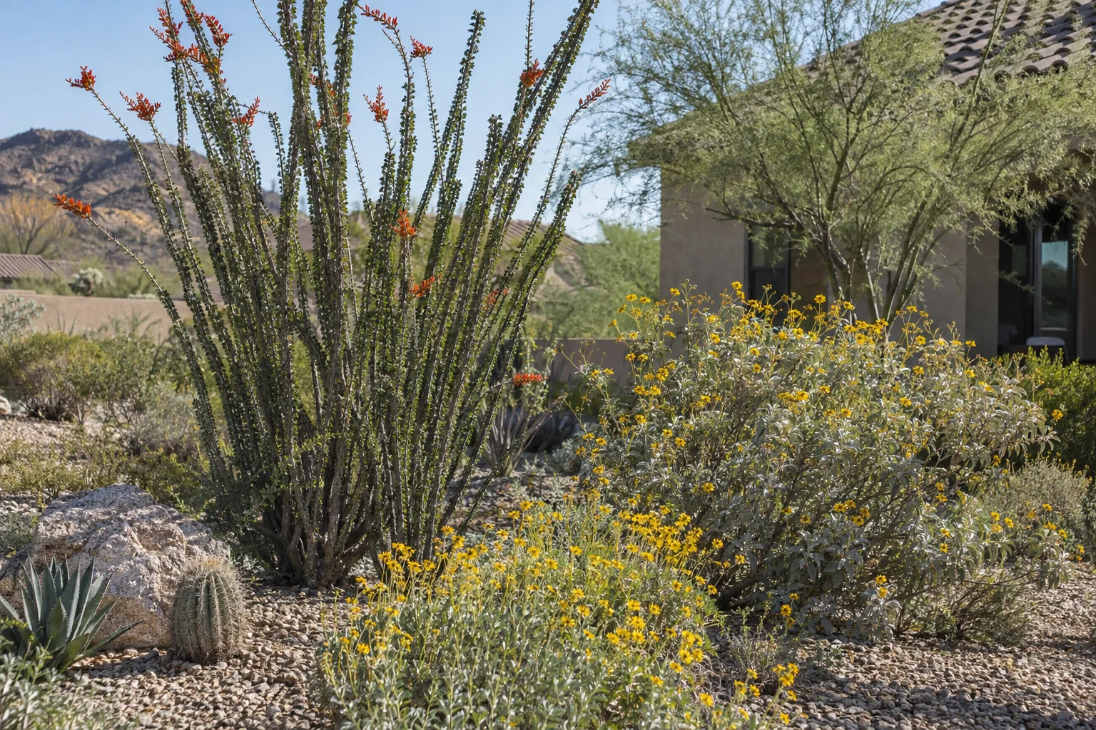 Ocotillo, brittlebush and desert marigold growing together in a gravel garden bed