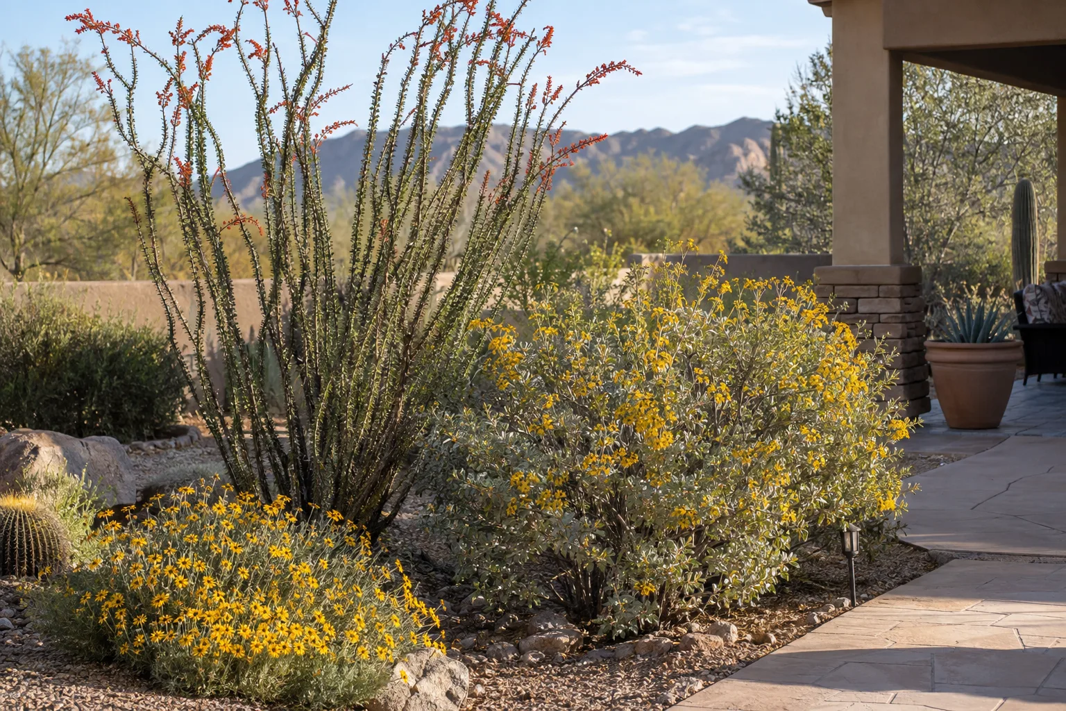 Ocotillo planted with brittlebush and desert marigold in a sunny desert border in Queen Creek