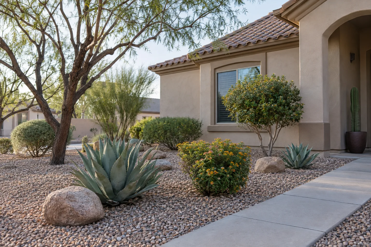 Desert yard with shrubs pruned up off the gravel in Queen Creek
