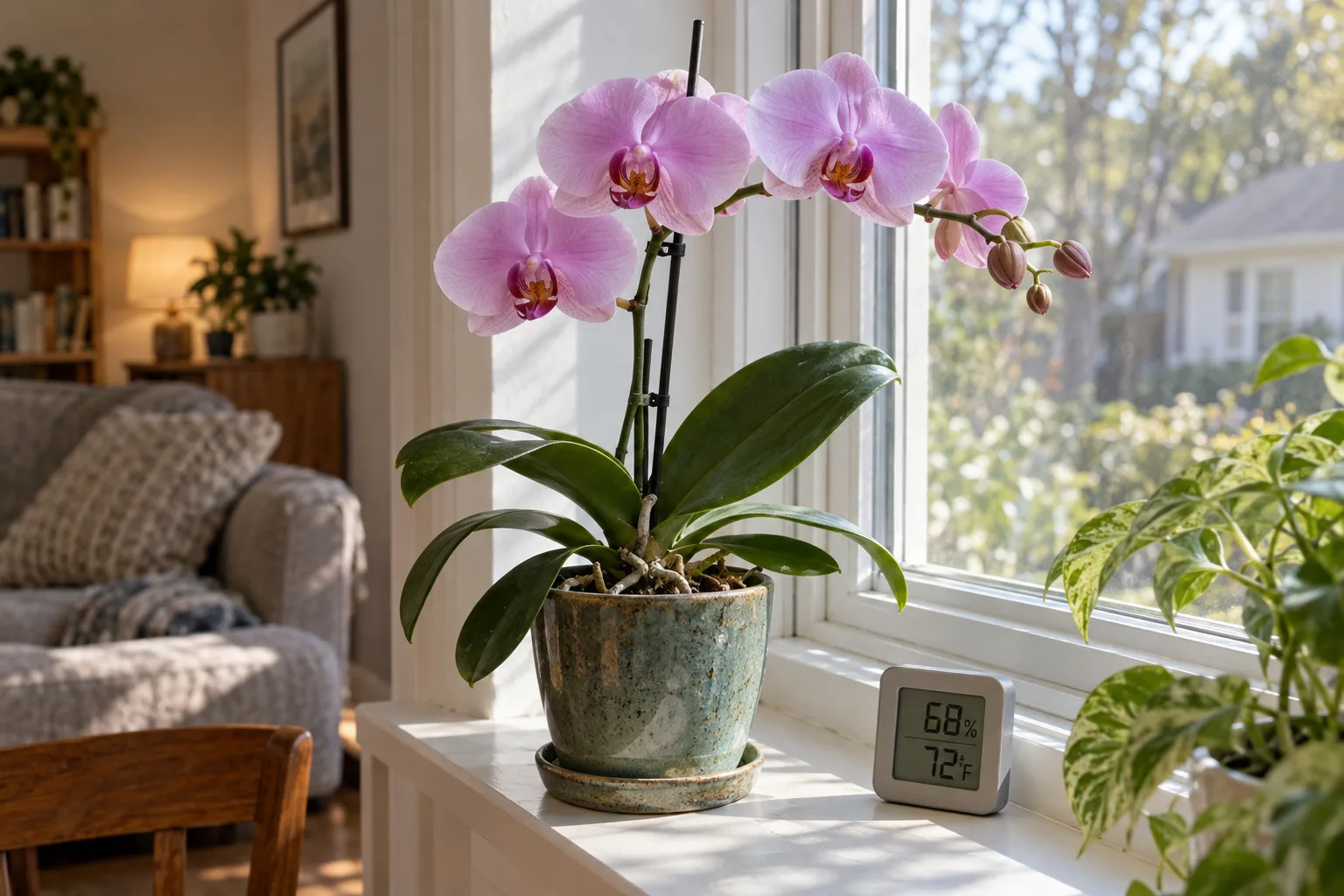 White moth orchid in bloom on an east-facing windowsill next to a digital hygrometer