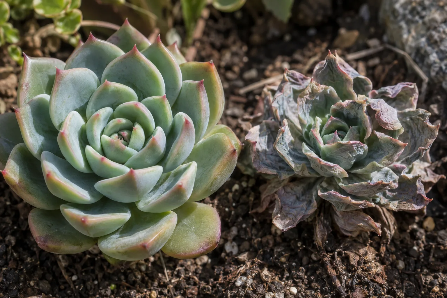 Plump healthy succulent rosette beside a wrinkled underwatered one, shown for comparison