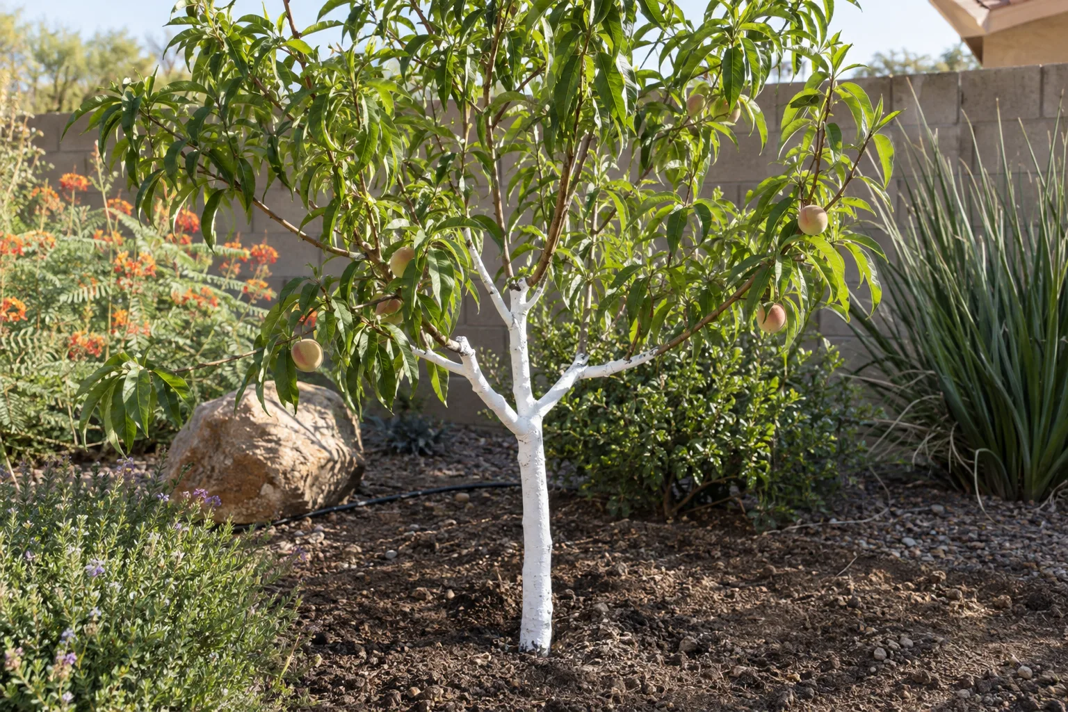 Young fruit tree with whitewashed trunk standing in mulched bed under bright desert sun