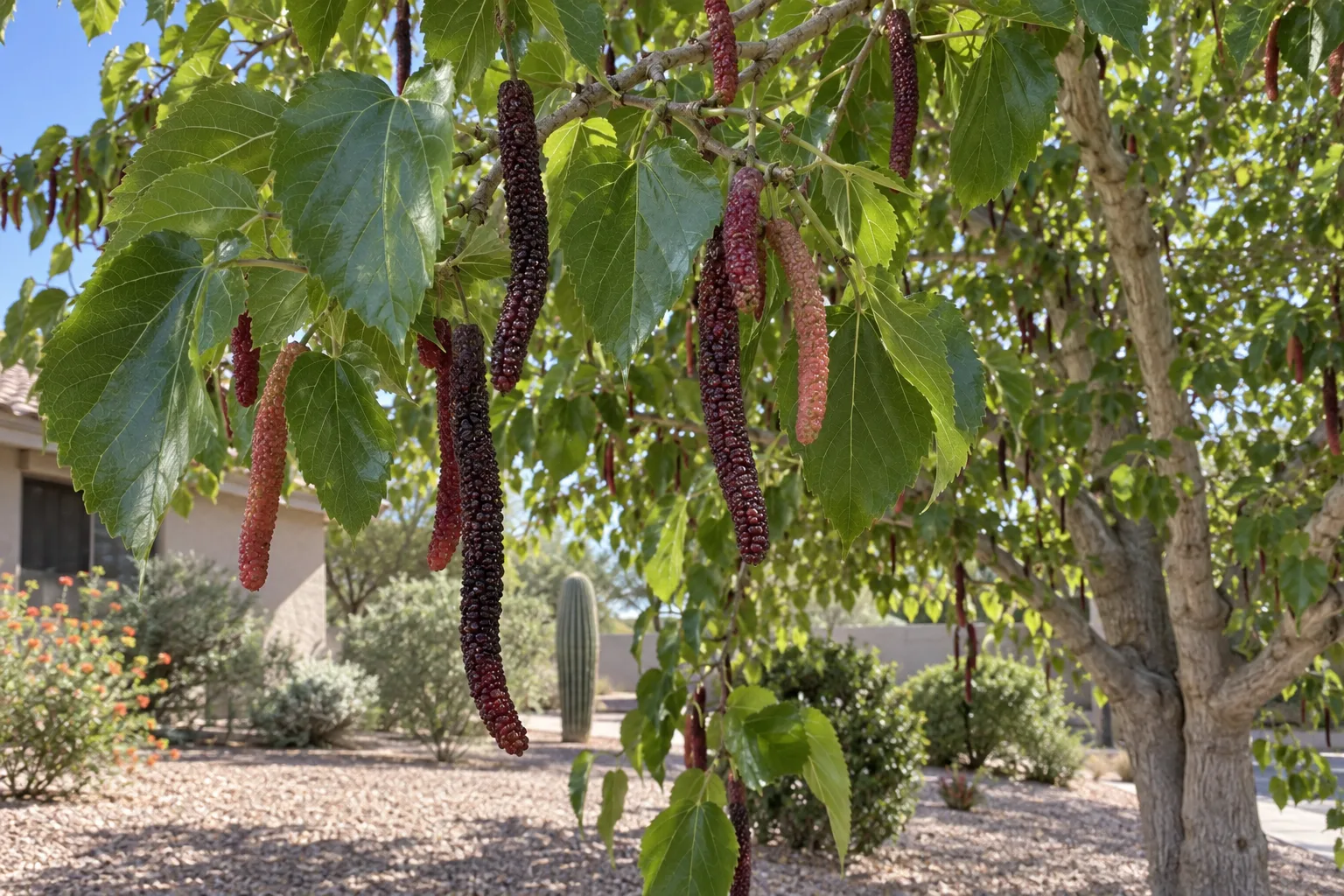 Pakistan mulberry tree with large heart-shaped leaves and very long dark purple-red berries