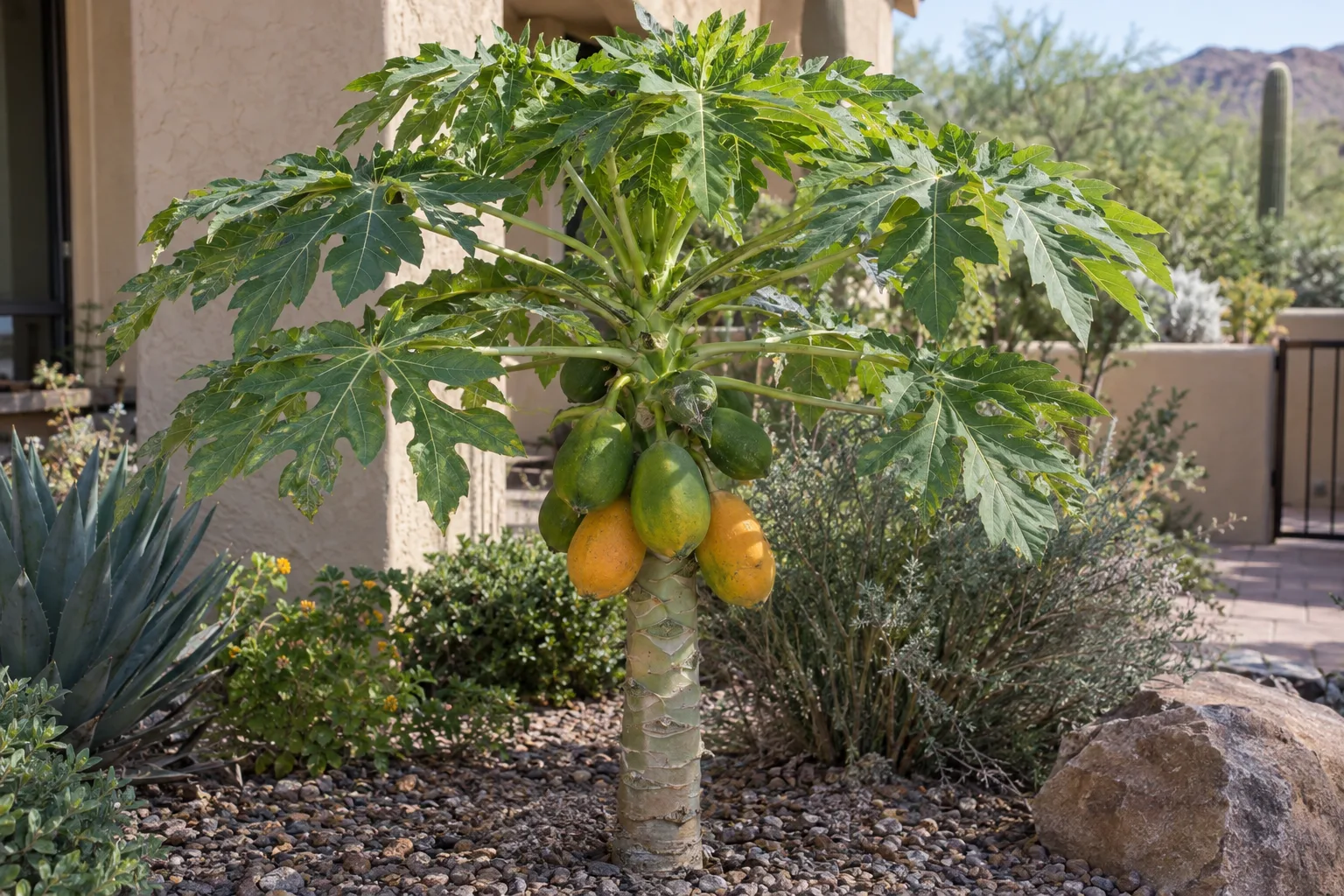 Hovey dwarf papaya with a short stout trunk, large lobed leaves and a low cluster of ripening fruit