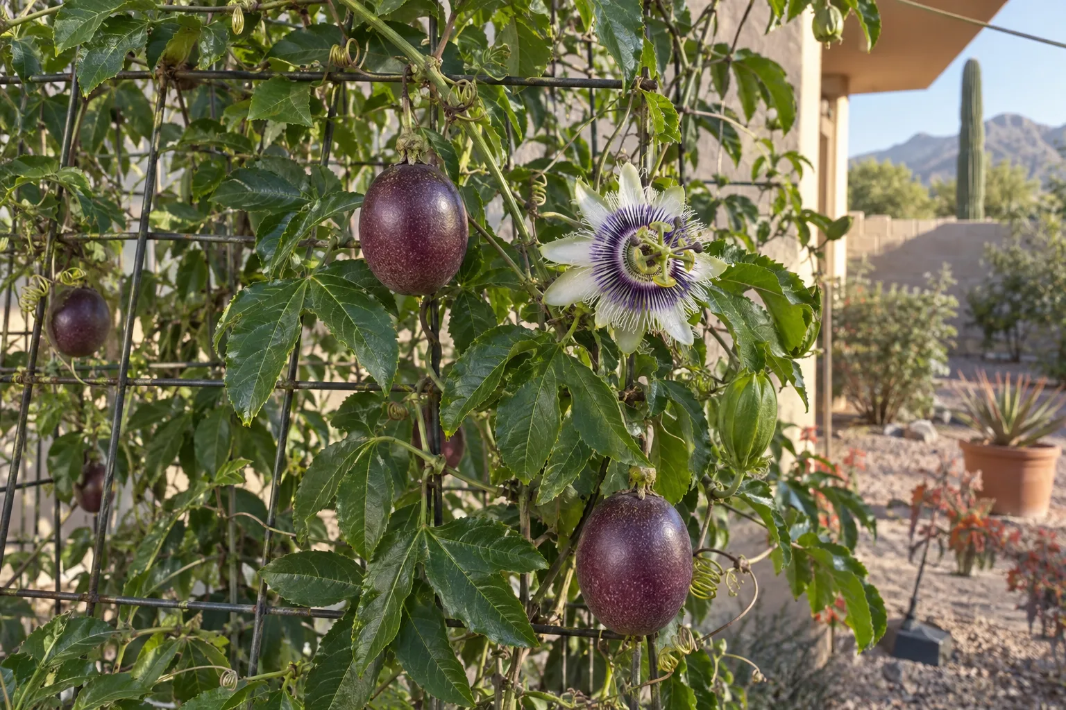 Passion fruit vine on a wire trellis with purple egg-shaped fruit and a white and purple flower