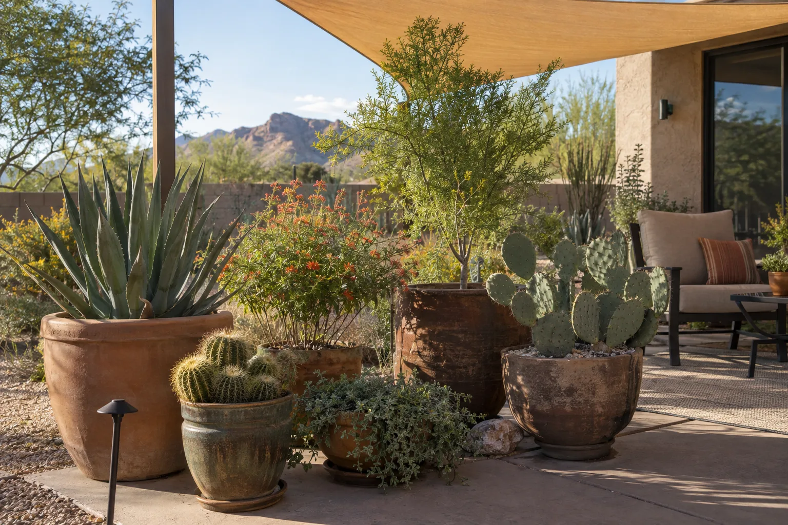 Cluster of potted desert plants on a shaded patio away from a stucco wall
