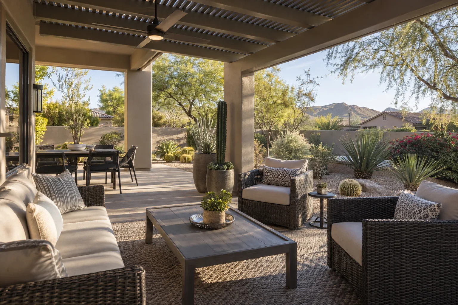 Shaded backyard patio with a ceiling fan, pergola and cushioned seating group