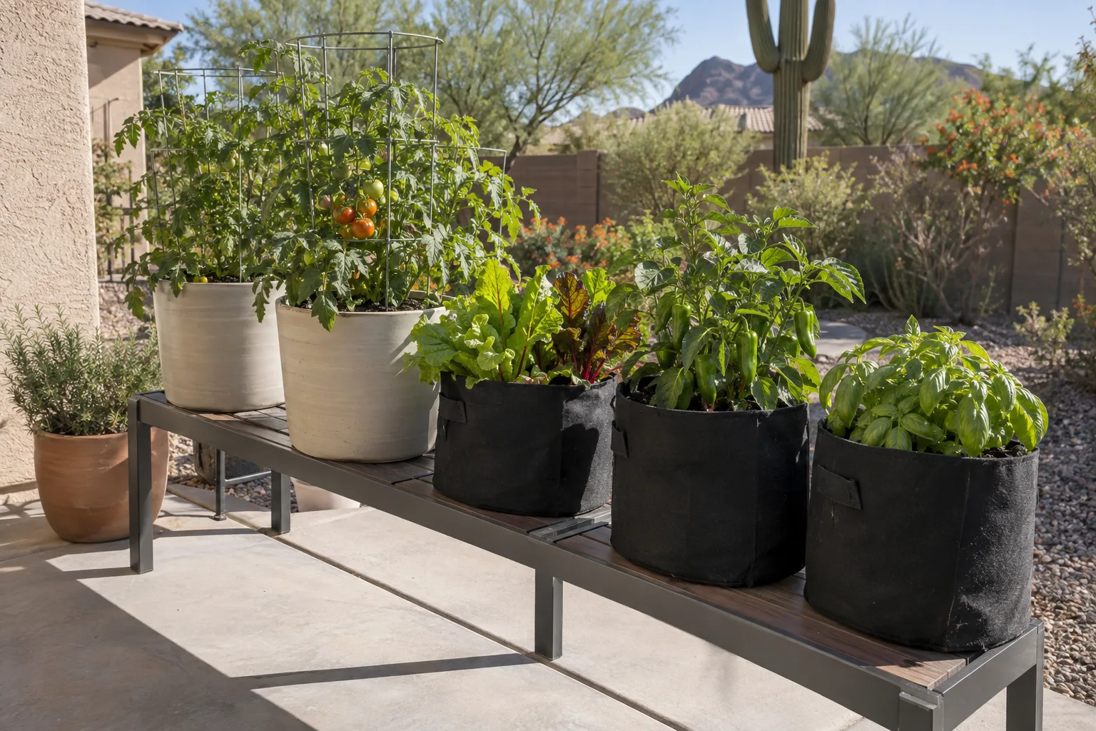 Vegetables growing in light-colored pots lifted off a sunny concrete patio in Queen Creek