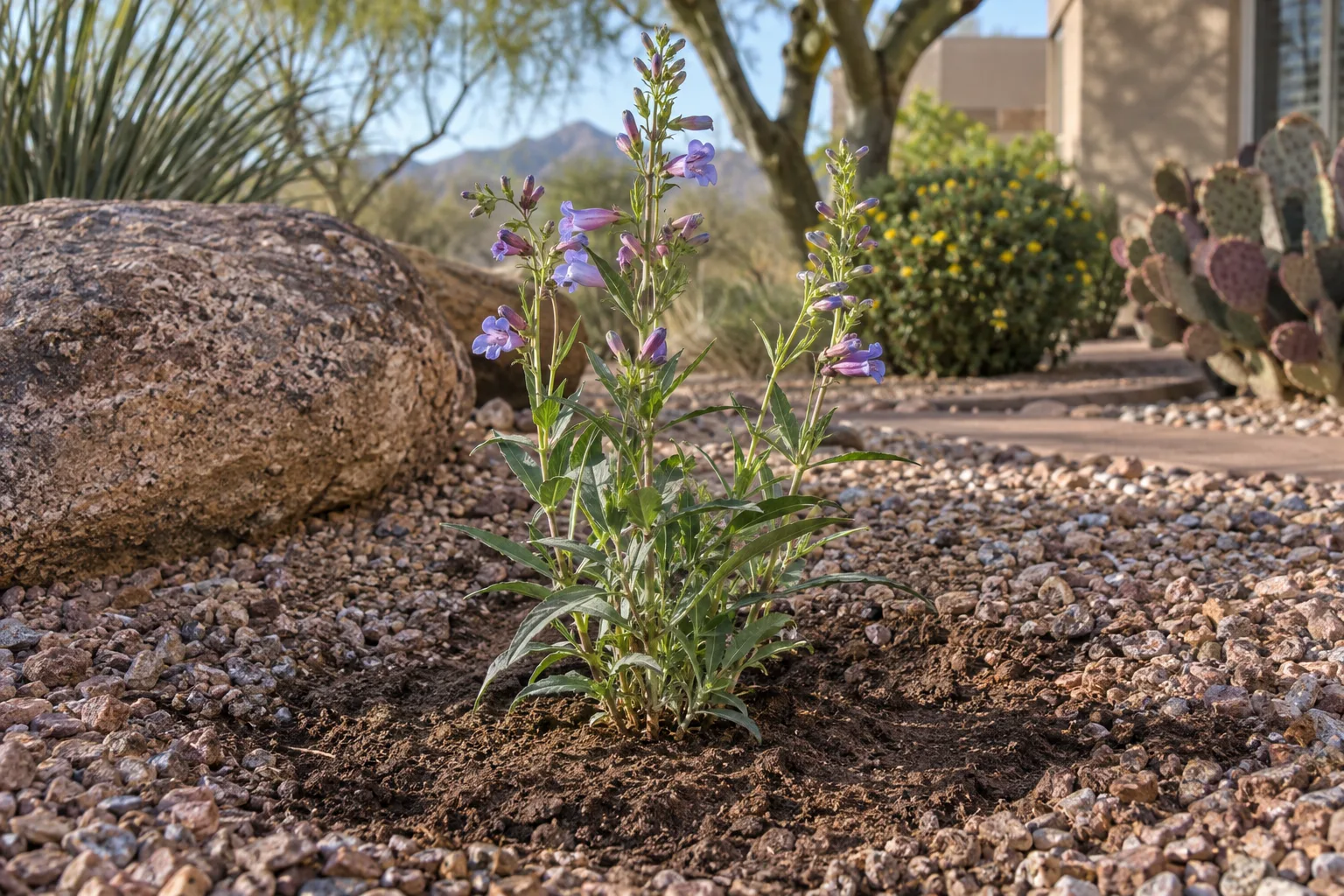 Young penstemon planted in a Queen Creek yard with gravel mulch kept back from the crown
