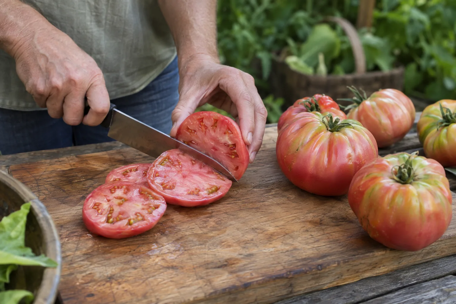 Sliced pink heirloom tomato on a wooden cutting board beside whole tomatoes
