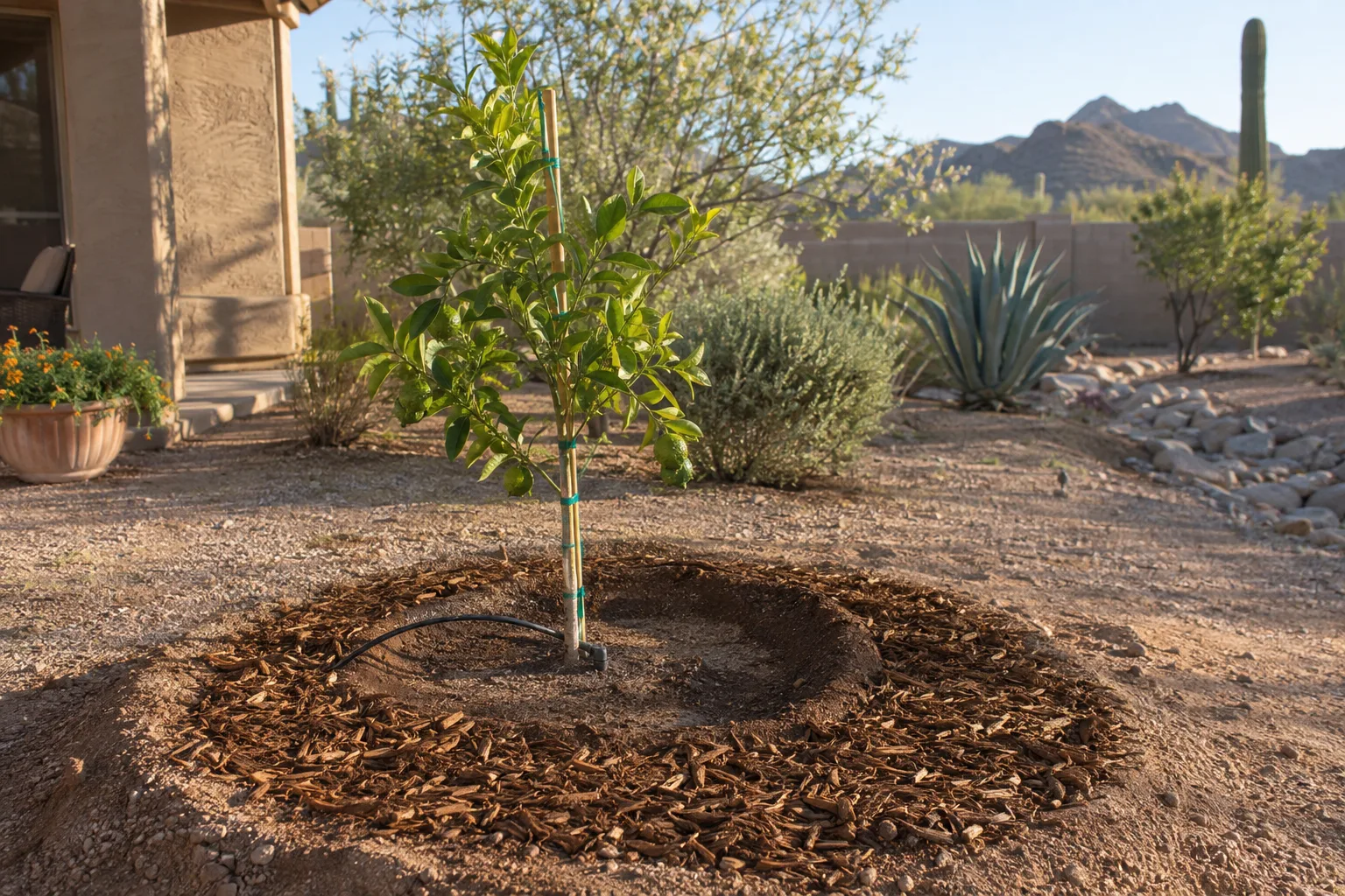 Newly planted apple tree with watering basin, wood chip mulch and drip line