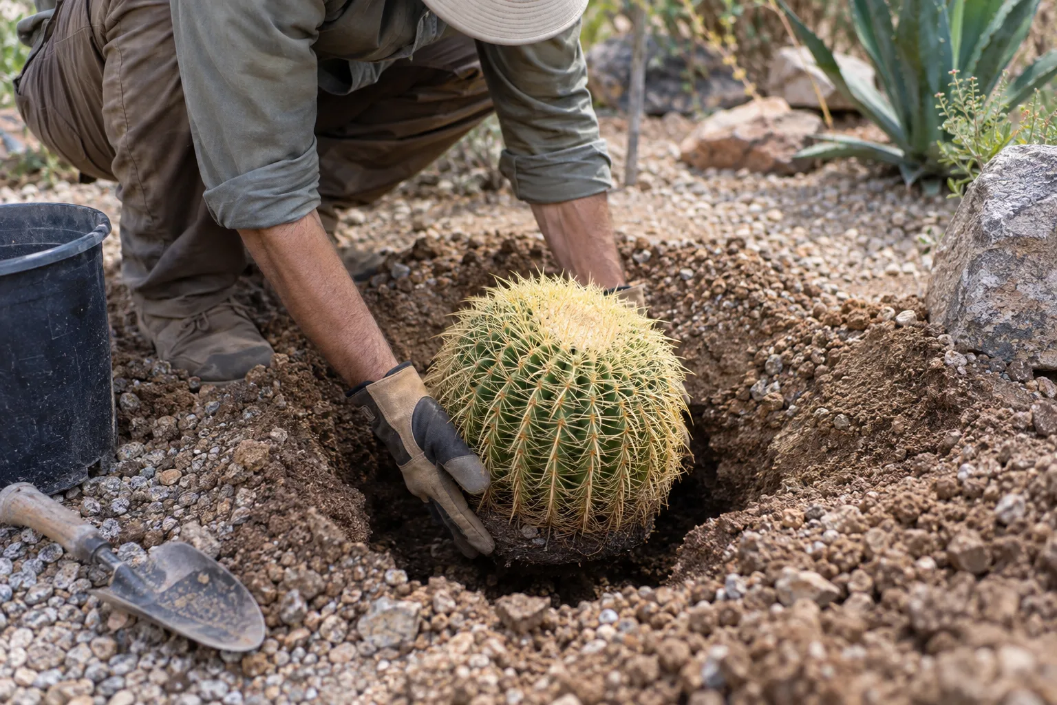 Golden barrel cactus being set into a wide planting hole in rocky desert soil