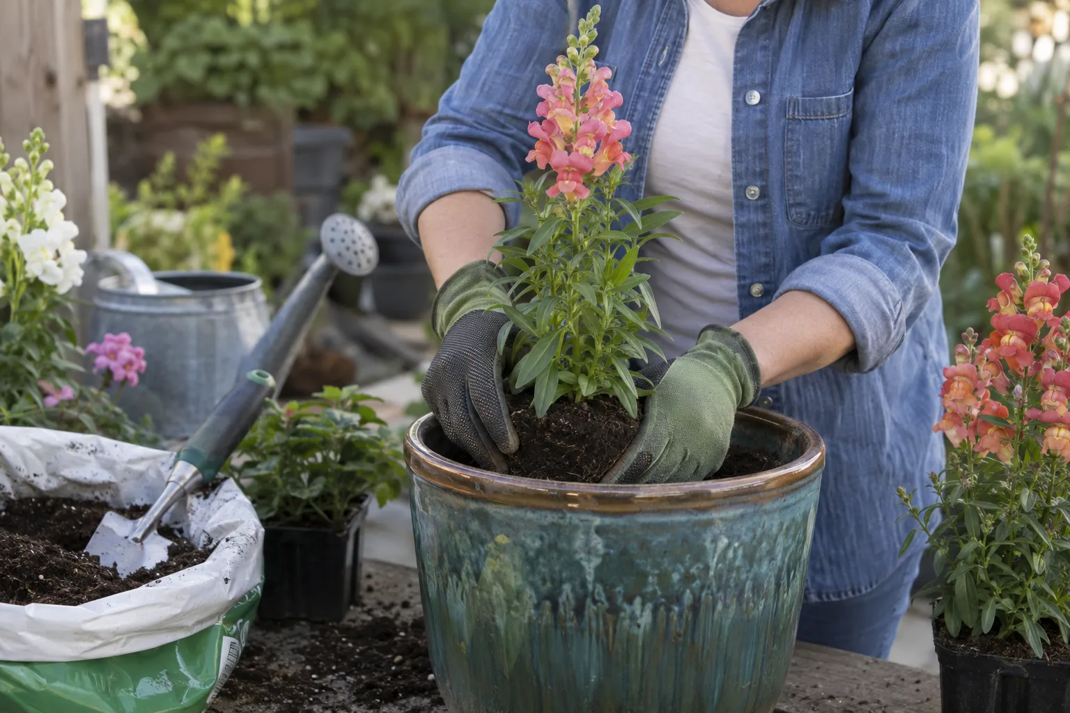 Hands setting a snapdragon into a glazed pot filled with fresh potting mix