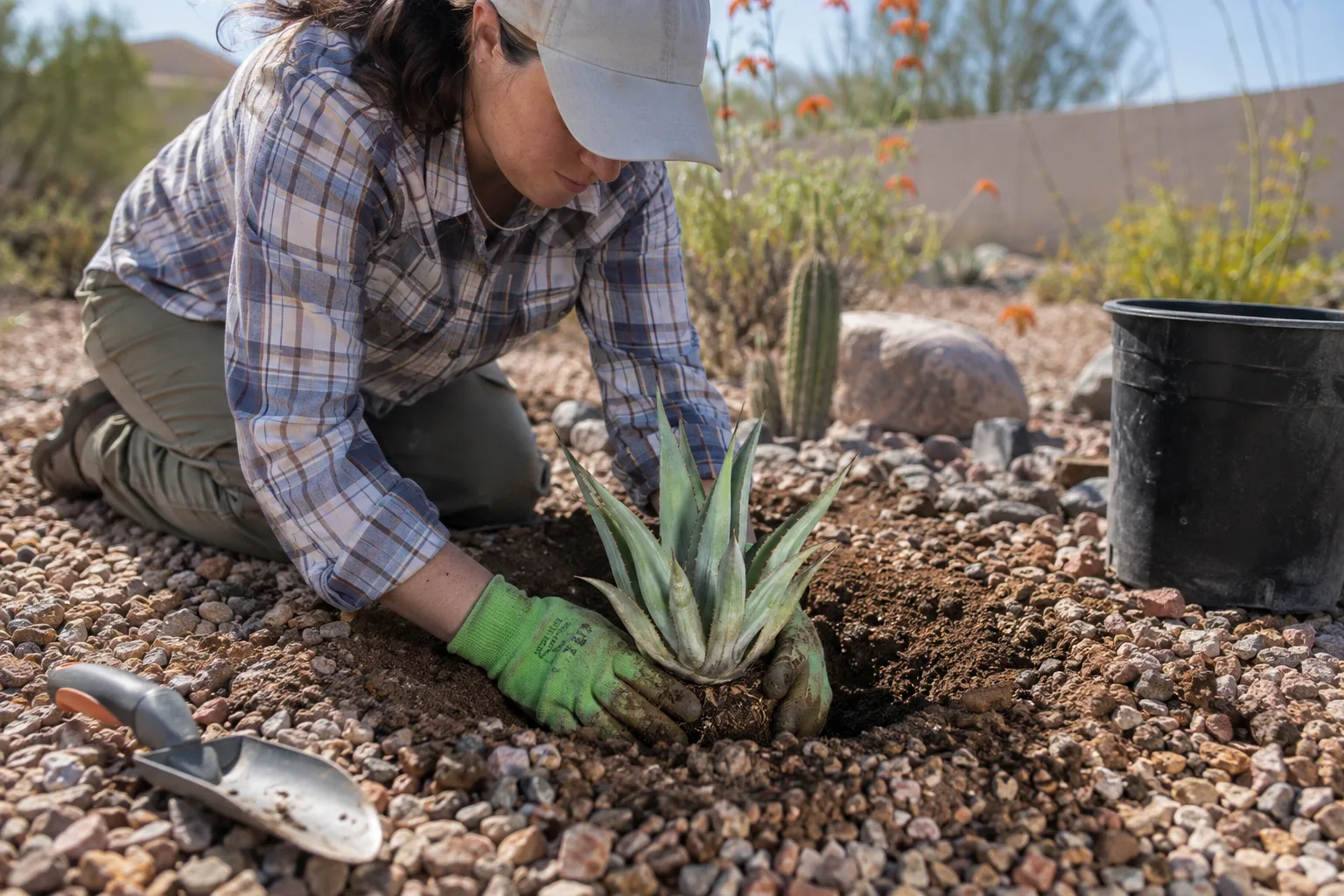 Newly planted desert perennial with gravel mulch and a soil berm around its base