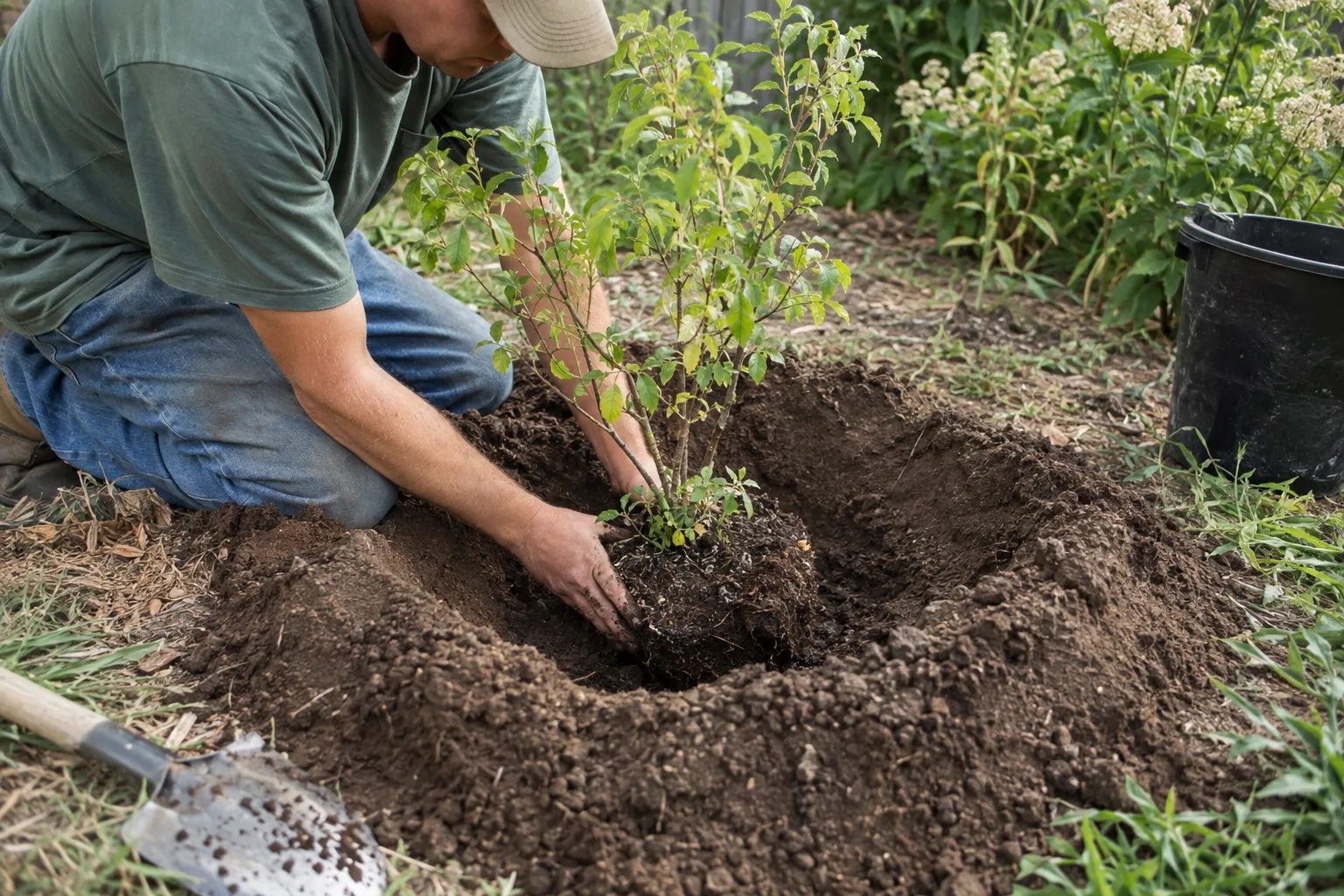 Gardener planting a young desert shrub in a wide hole with a watering basin